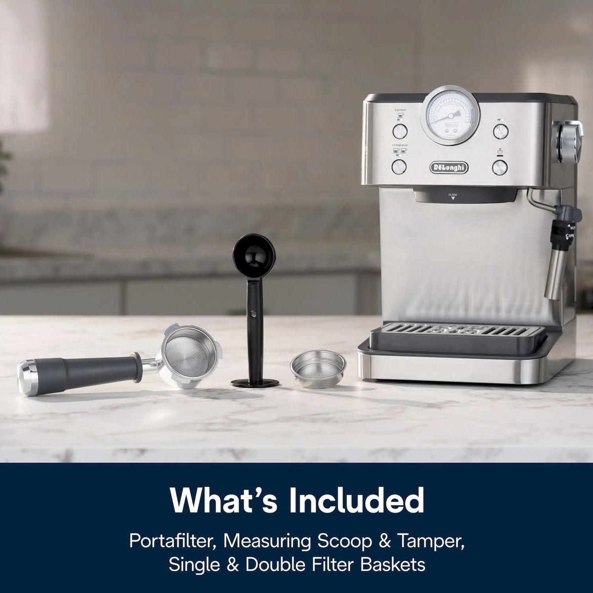 Stainless espresso machine with portafilter, measuring scoop, and tamper on countertop