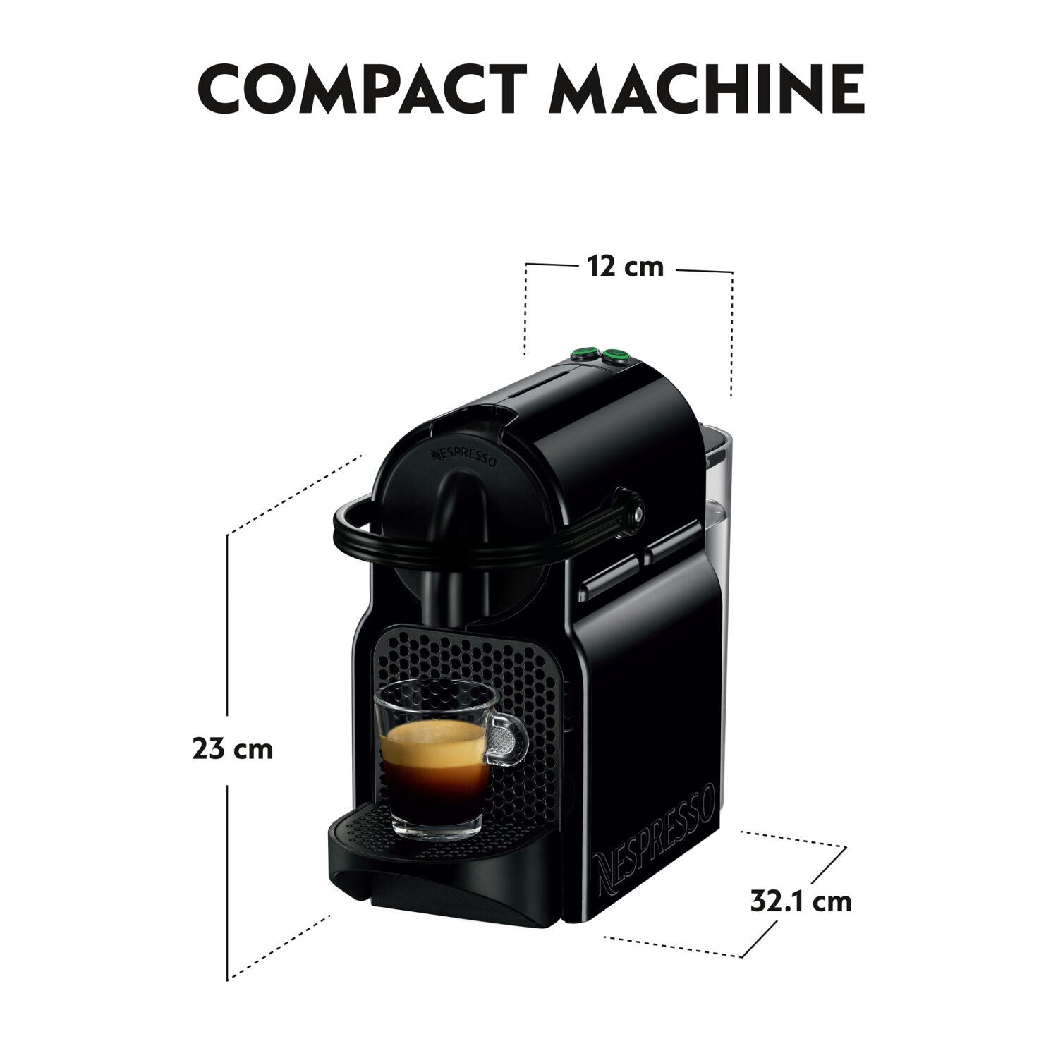 Compact black Nespresso espresso machine with Aeroccino frother, shown with dimensions