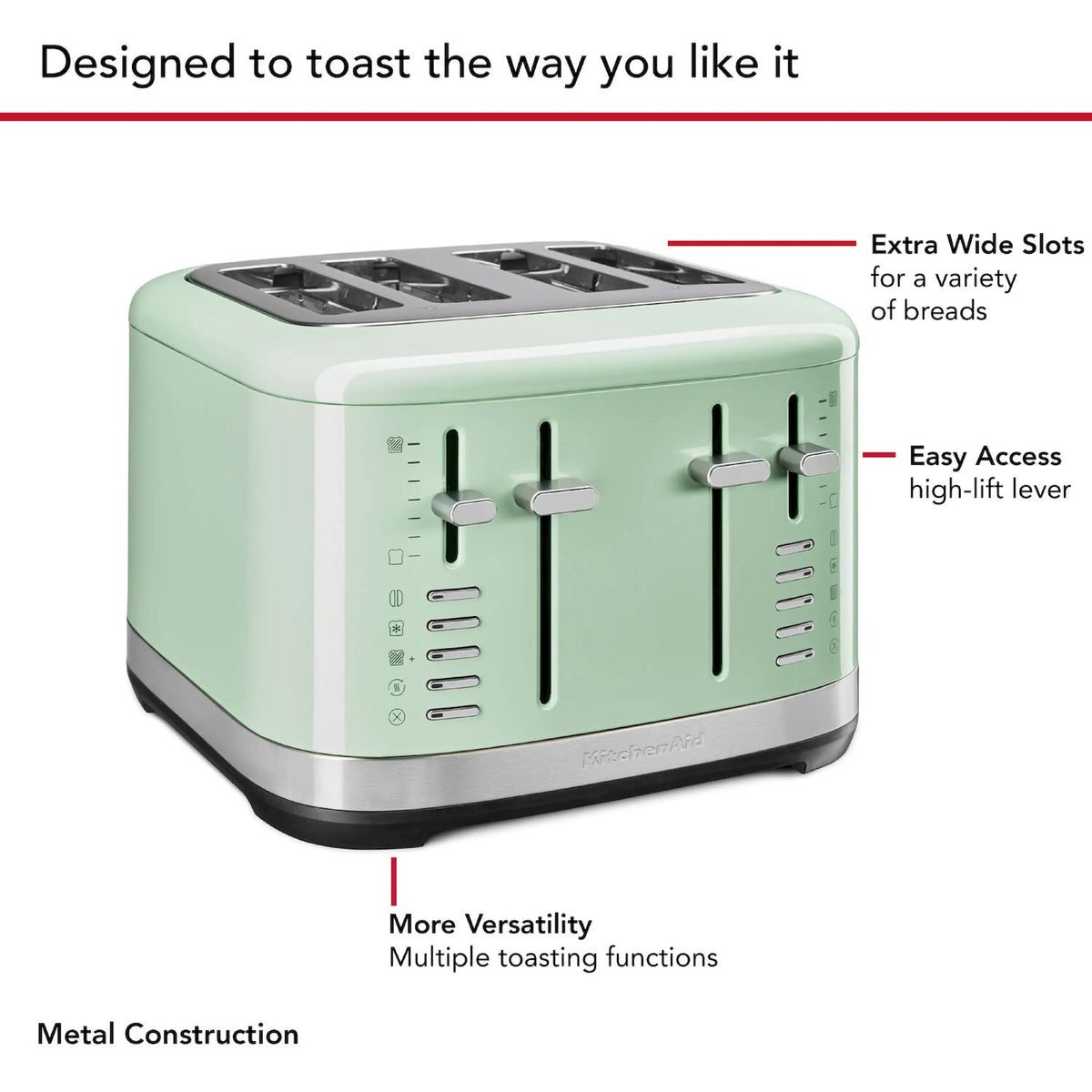 Pistacchio green 4-slice toaster showing extra-wide slots and easy access high-lift lever