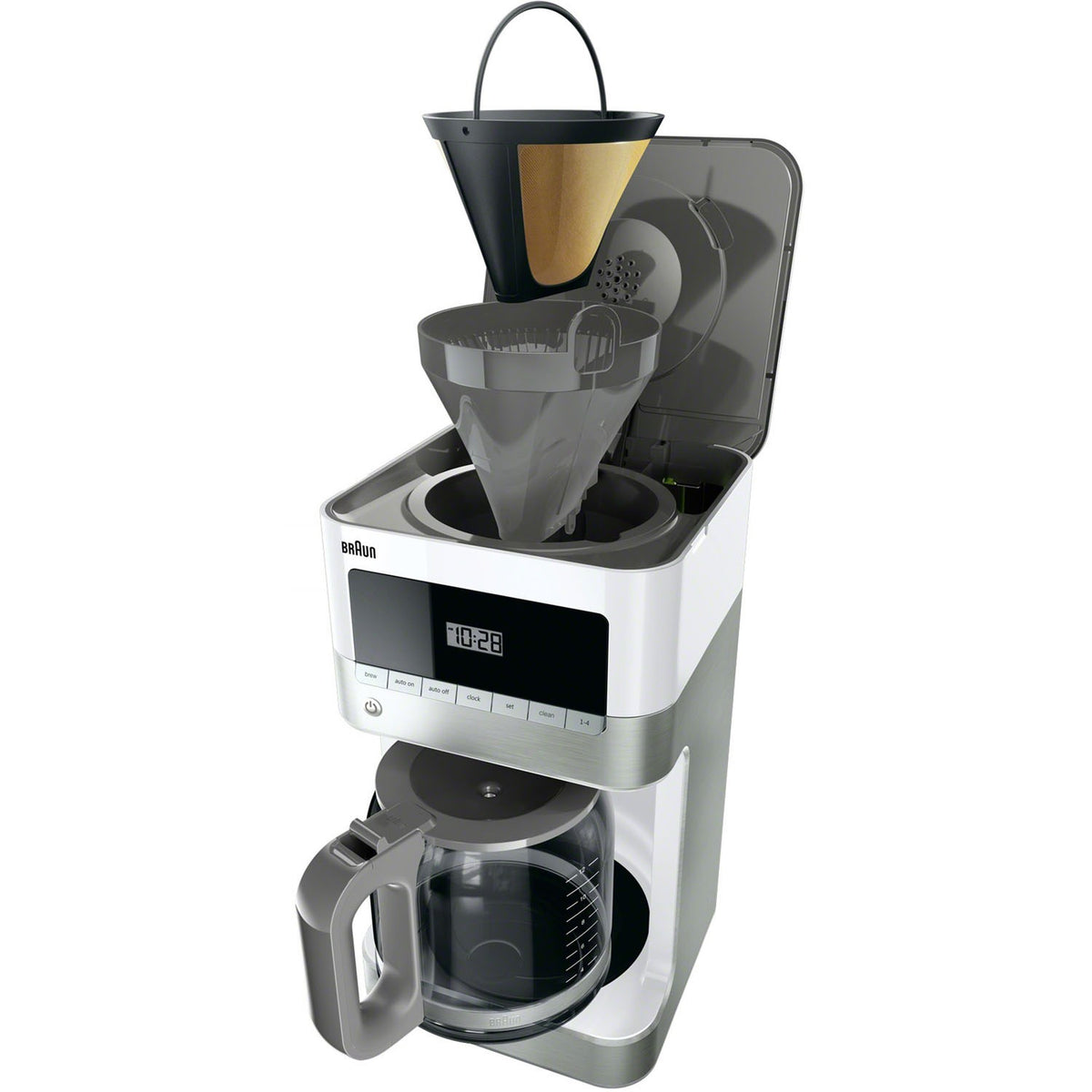 Stainless steel and white 12-cup drip coffee maker with open top and filter basket