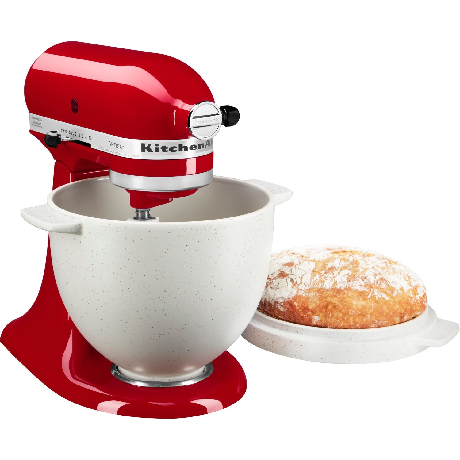 Bread baking bowl with lid, light speckled ceramic, set under a stand mixer