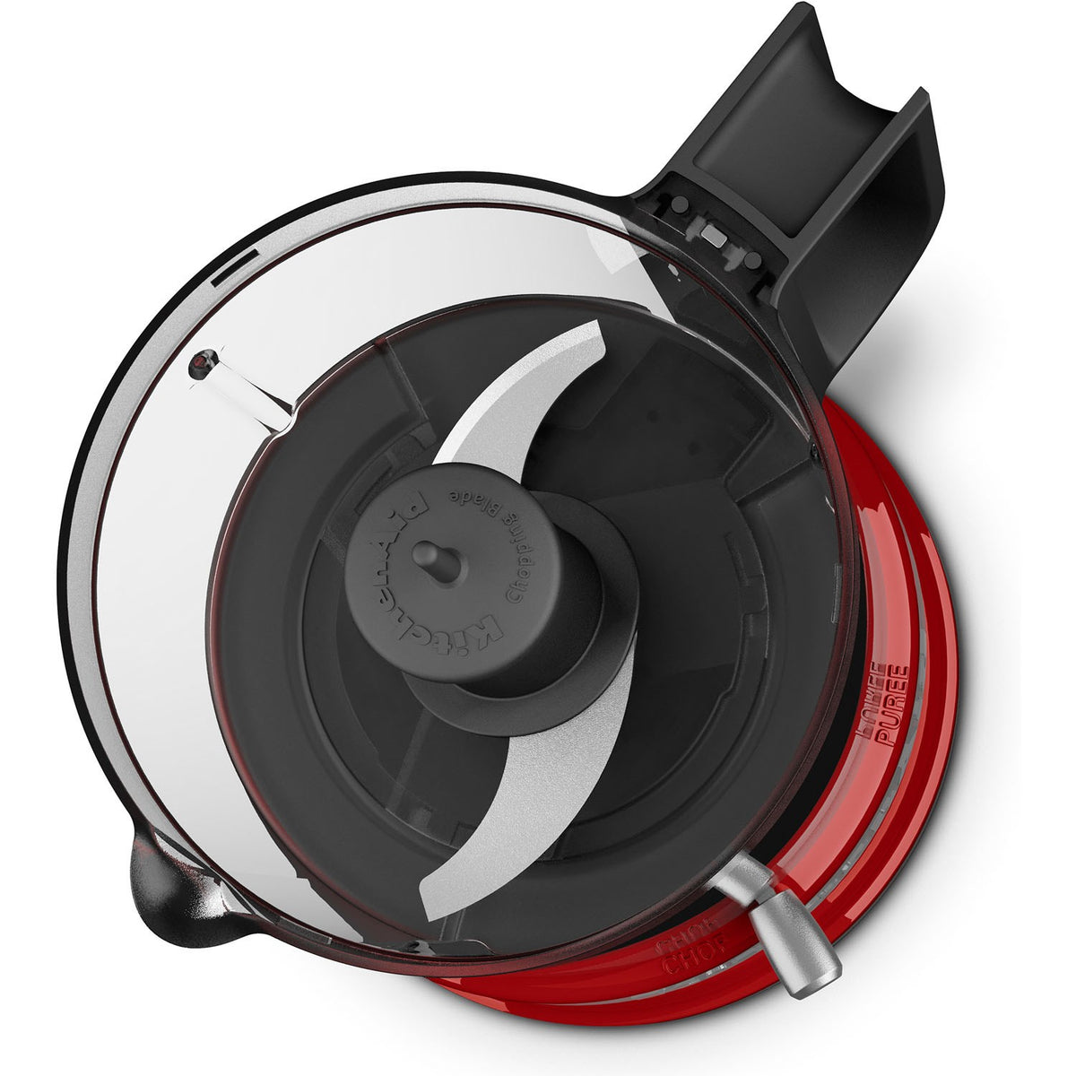 Red and black KitchenAid food chopper lid assembly with central blade mount