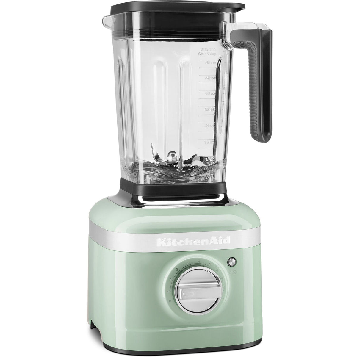 KitchenAid K400 blender with clear jar and pistachio base, front view