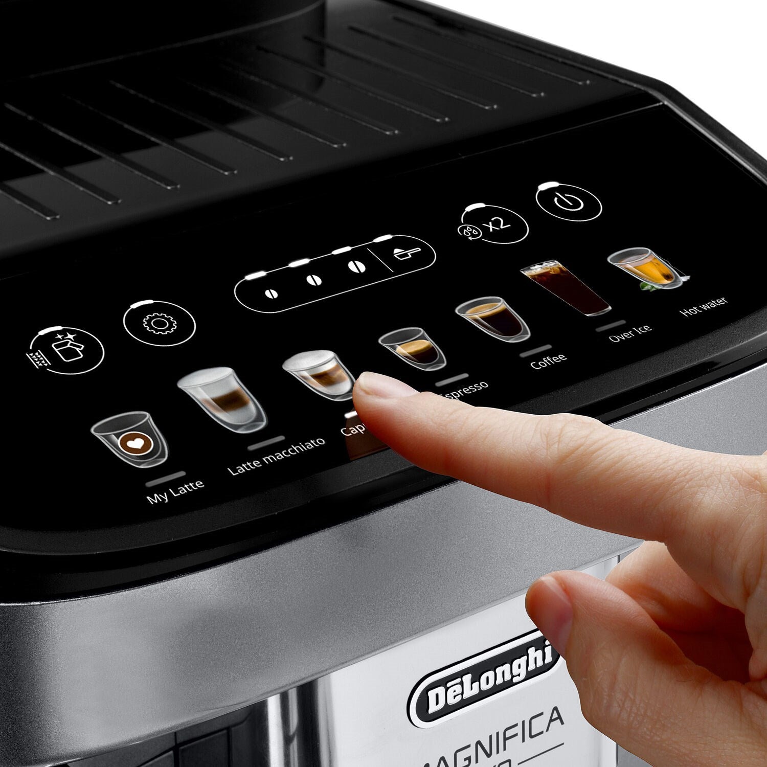 De'Longhi Magnifica Evo coffee machine control panel with drink icons and fingertip selection