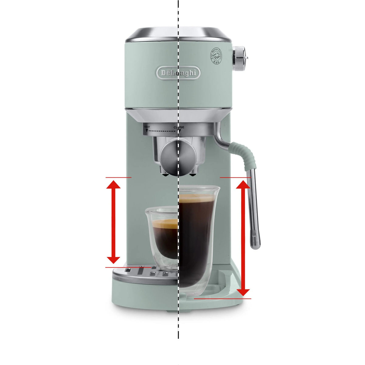 De'Longhi Dedica Duo pump espresso machine, mint green, with cold brew jug and cups