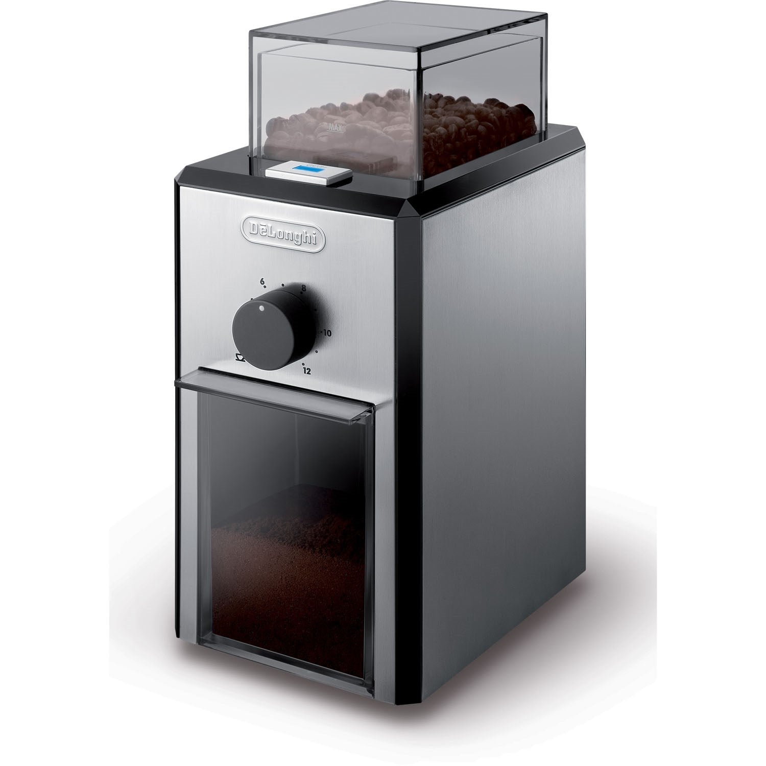 Stainless steel and black conical burr coffee grinder with clear bean hopper