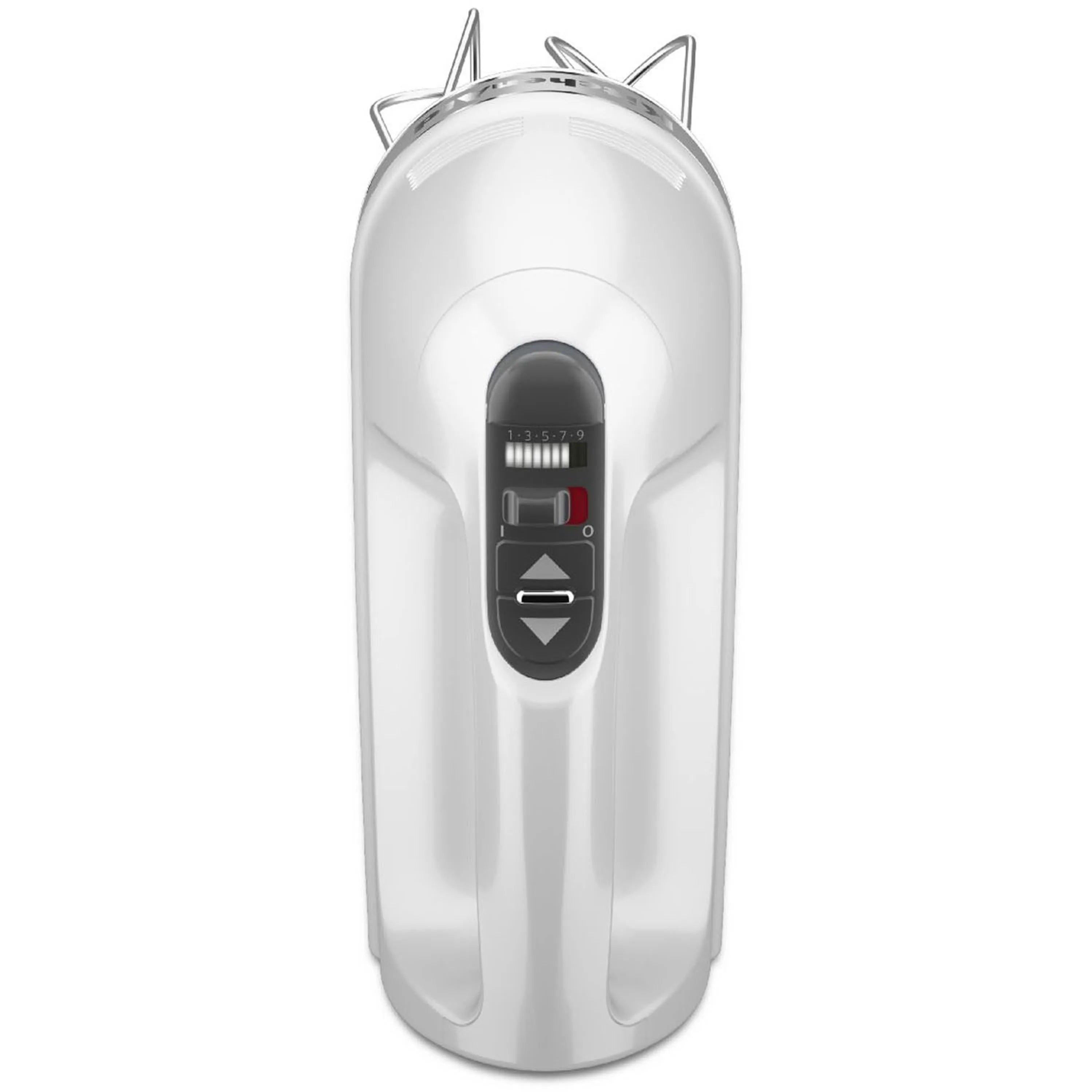 White hand mixer with speed selector and indicator lights, front view
