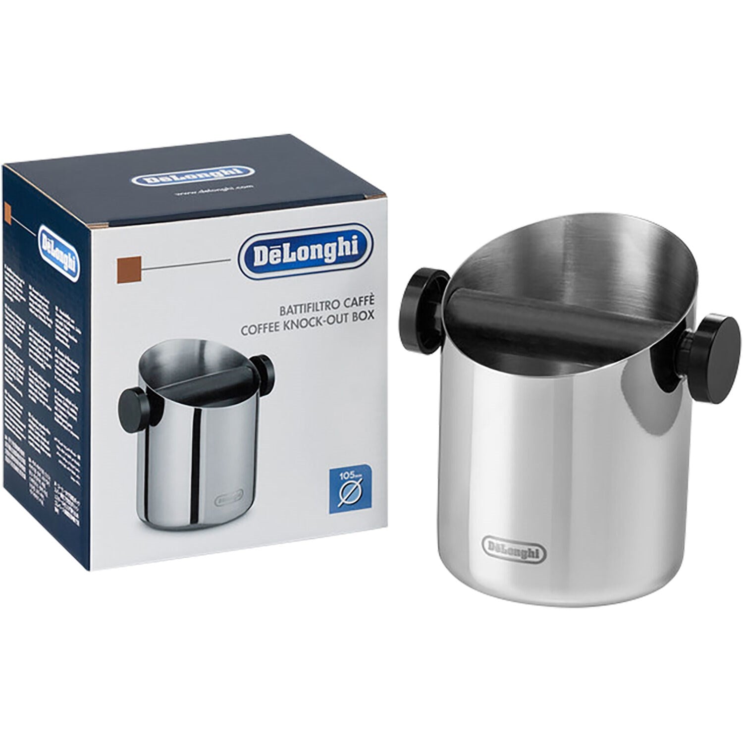De'Longhi coffee knock-out box with stainless steel body, domed lid, and black side handles