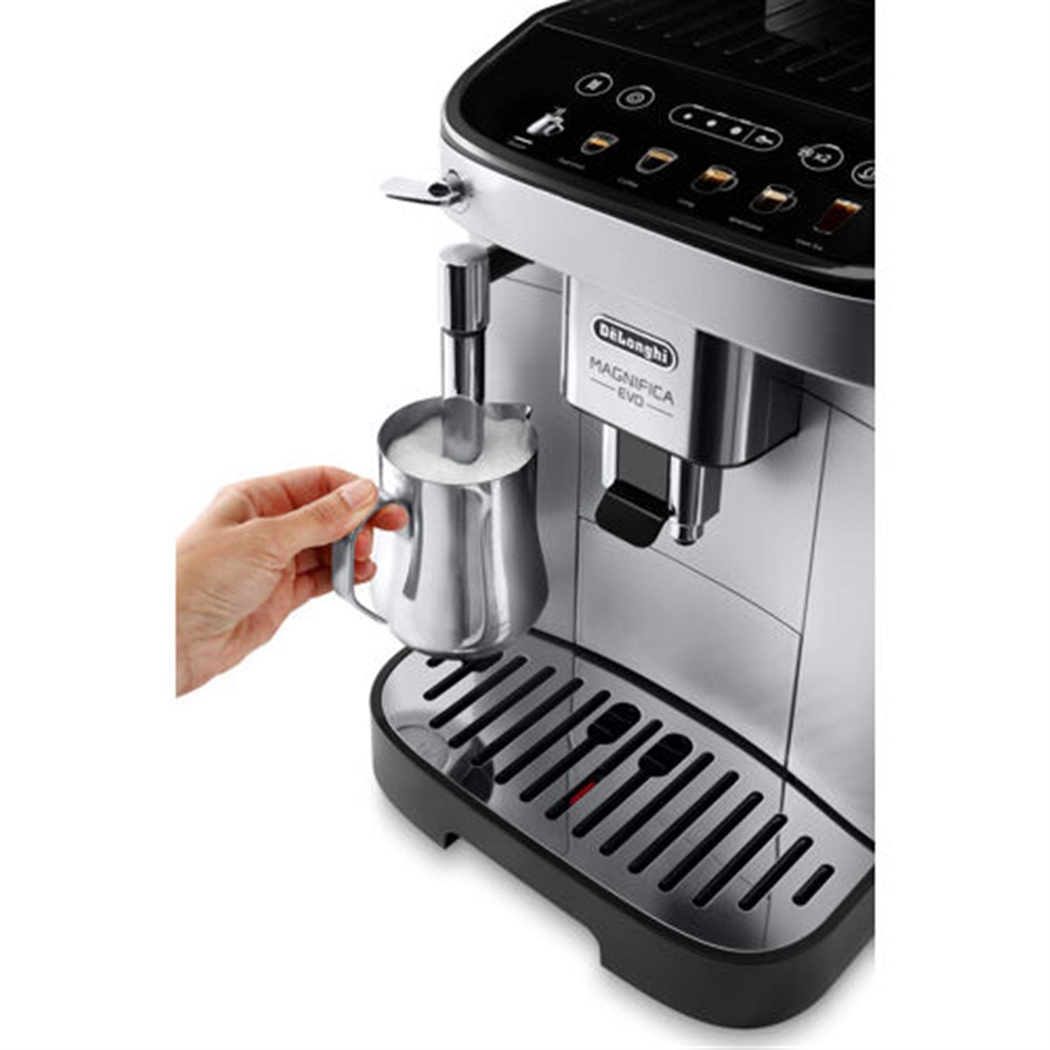 De'Longhi Magnifica Evo coffee machine with milk jug under the dispensing spout
