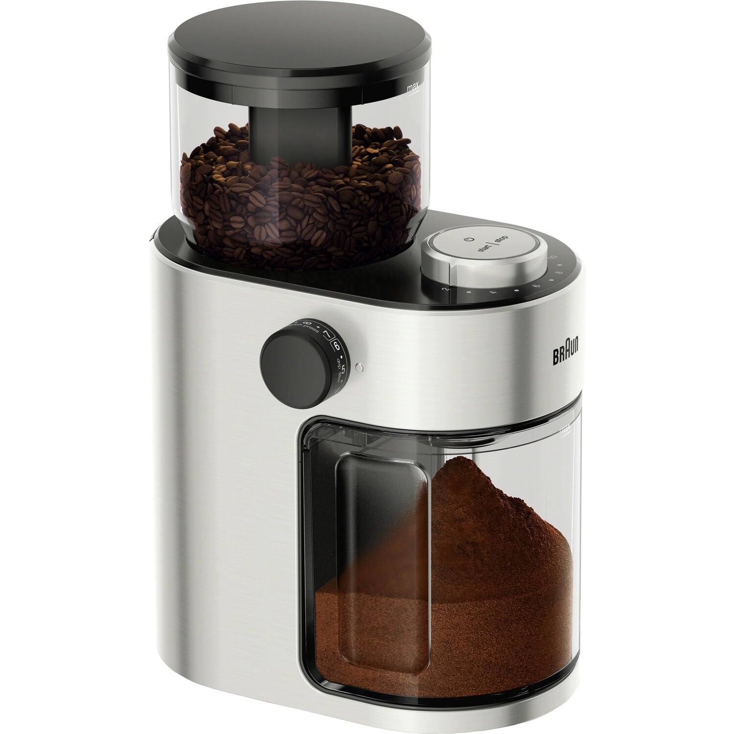 Stainless burr coffee grinder with beans in hopper and grounds in front chute