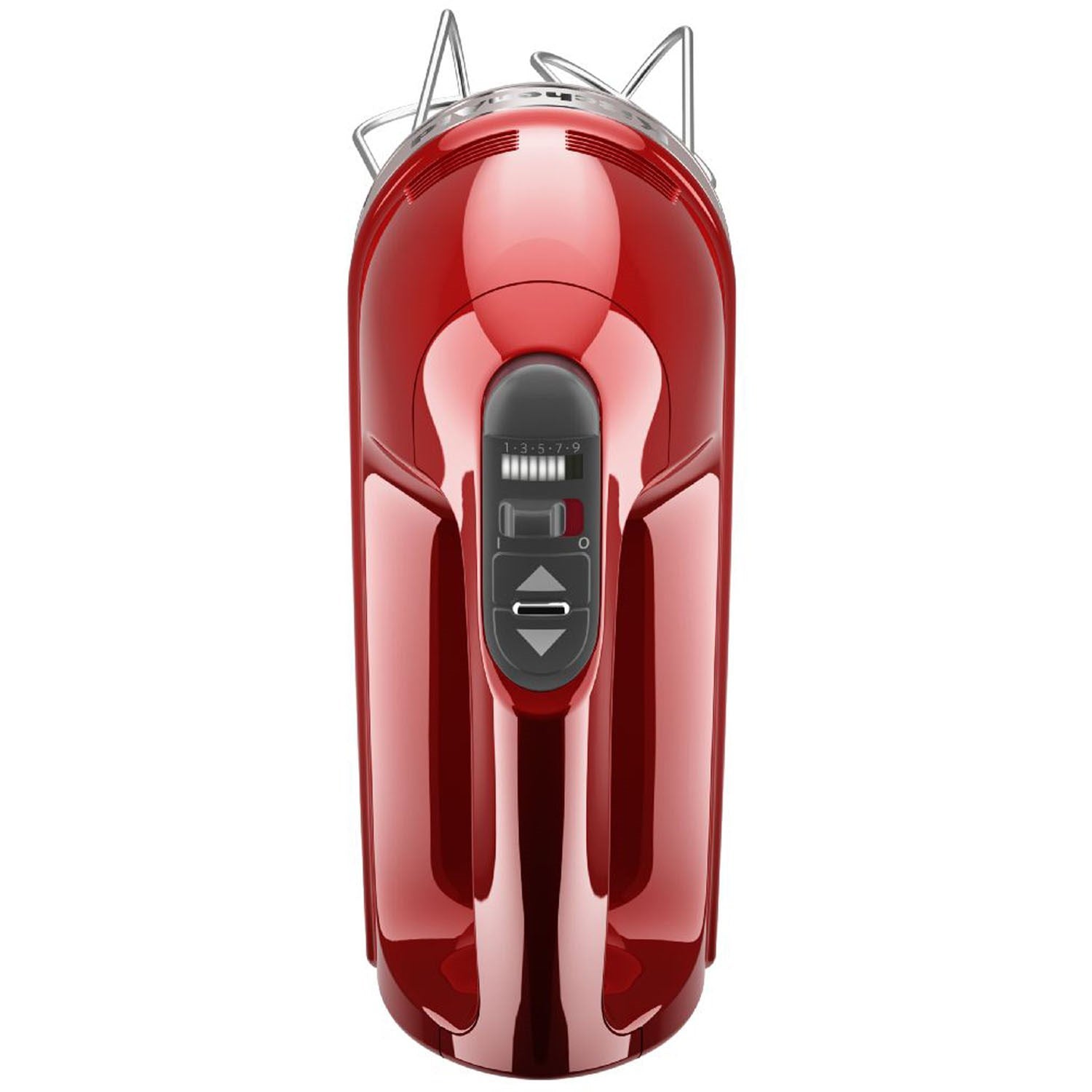 Red KitchenAid hand mixer with top stand prongs and digital speed controls