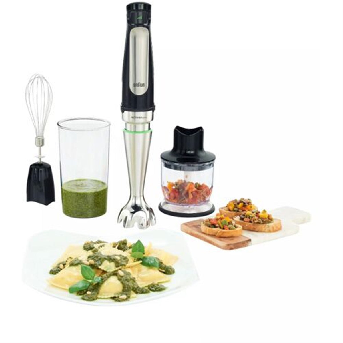 Stainless steel Braun hand blender with whisk and chopper attachment set