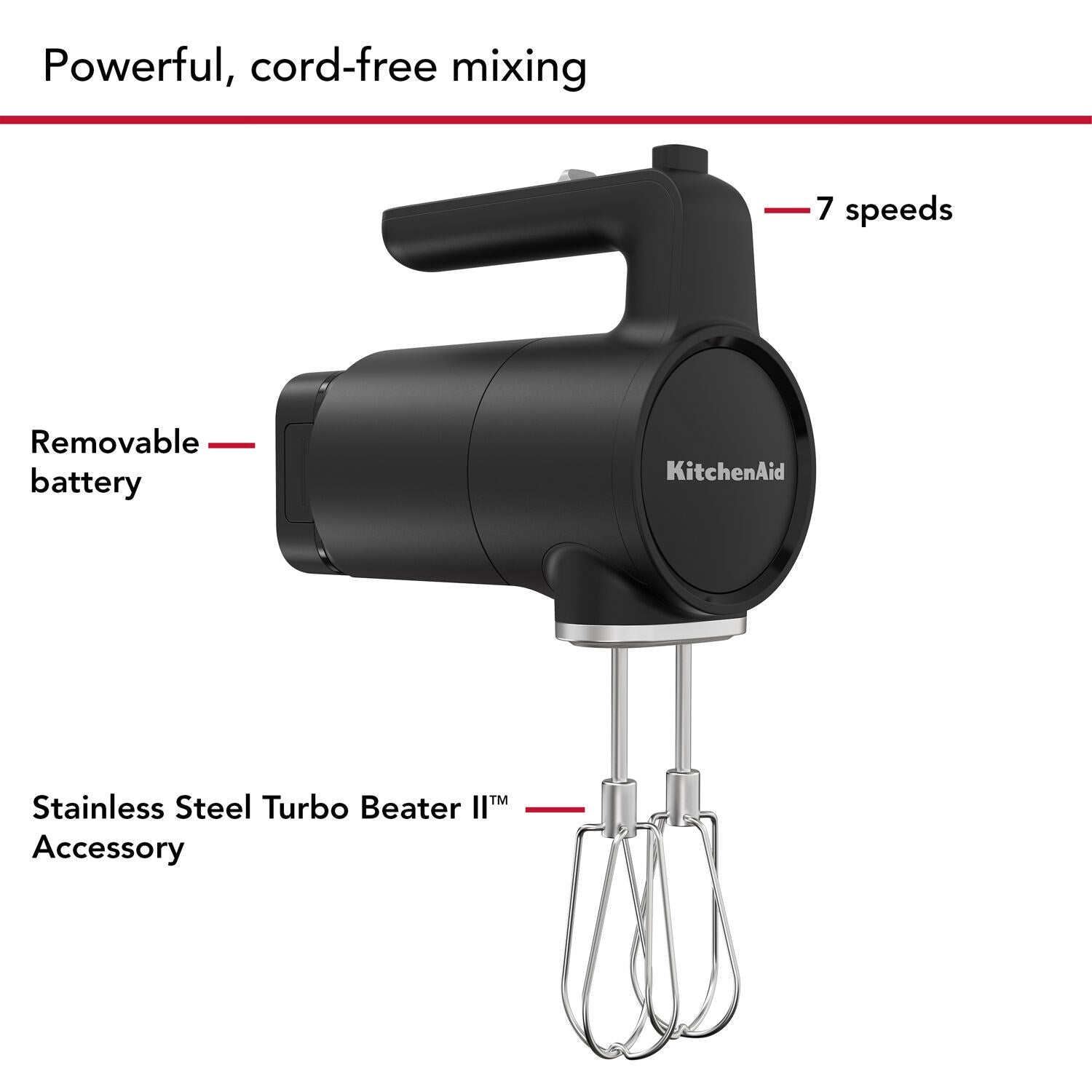 Black matte cordless hand mixer with two chrome beaters attached
