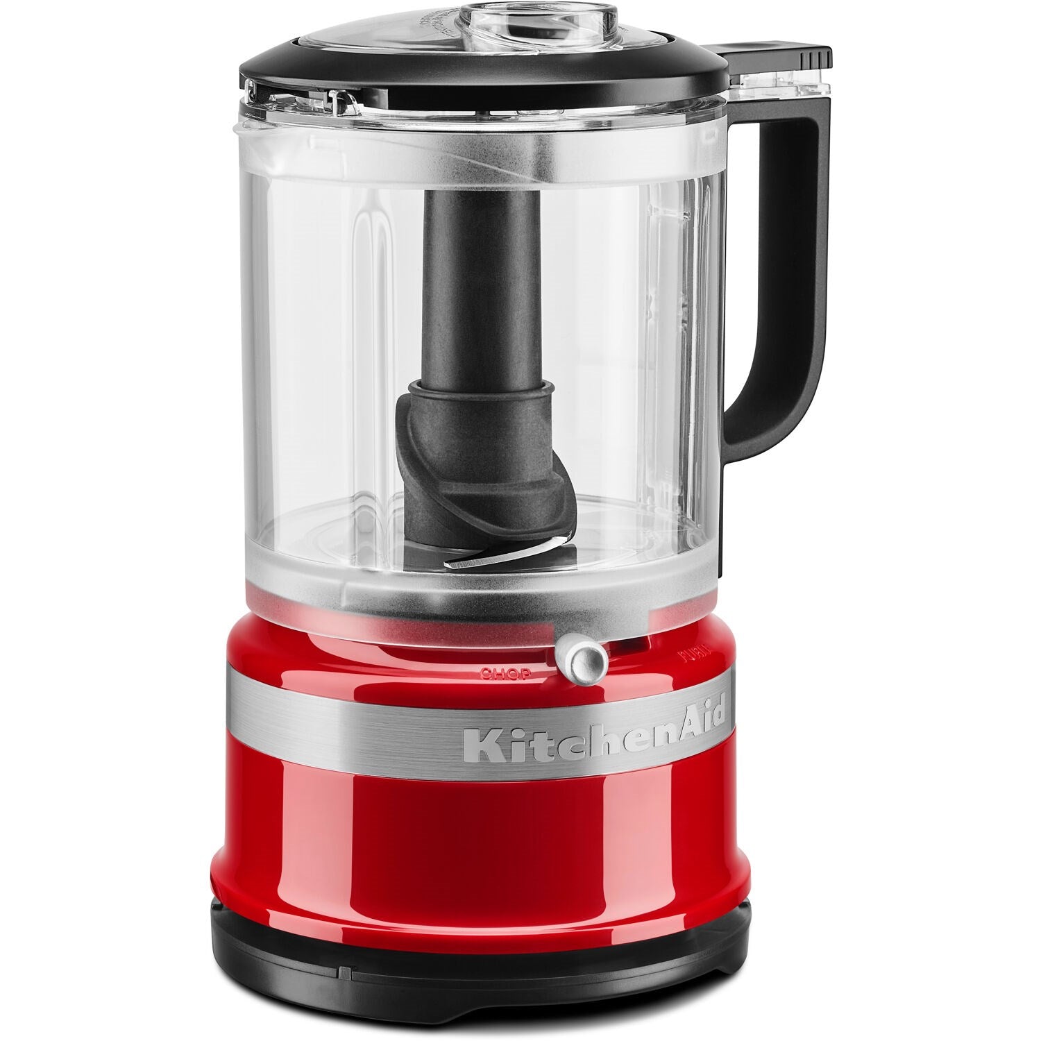 KitchenAid 5-cup food chopper with clear bowl, black motor housing, Empire Red base