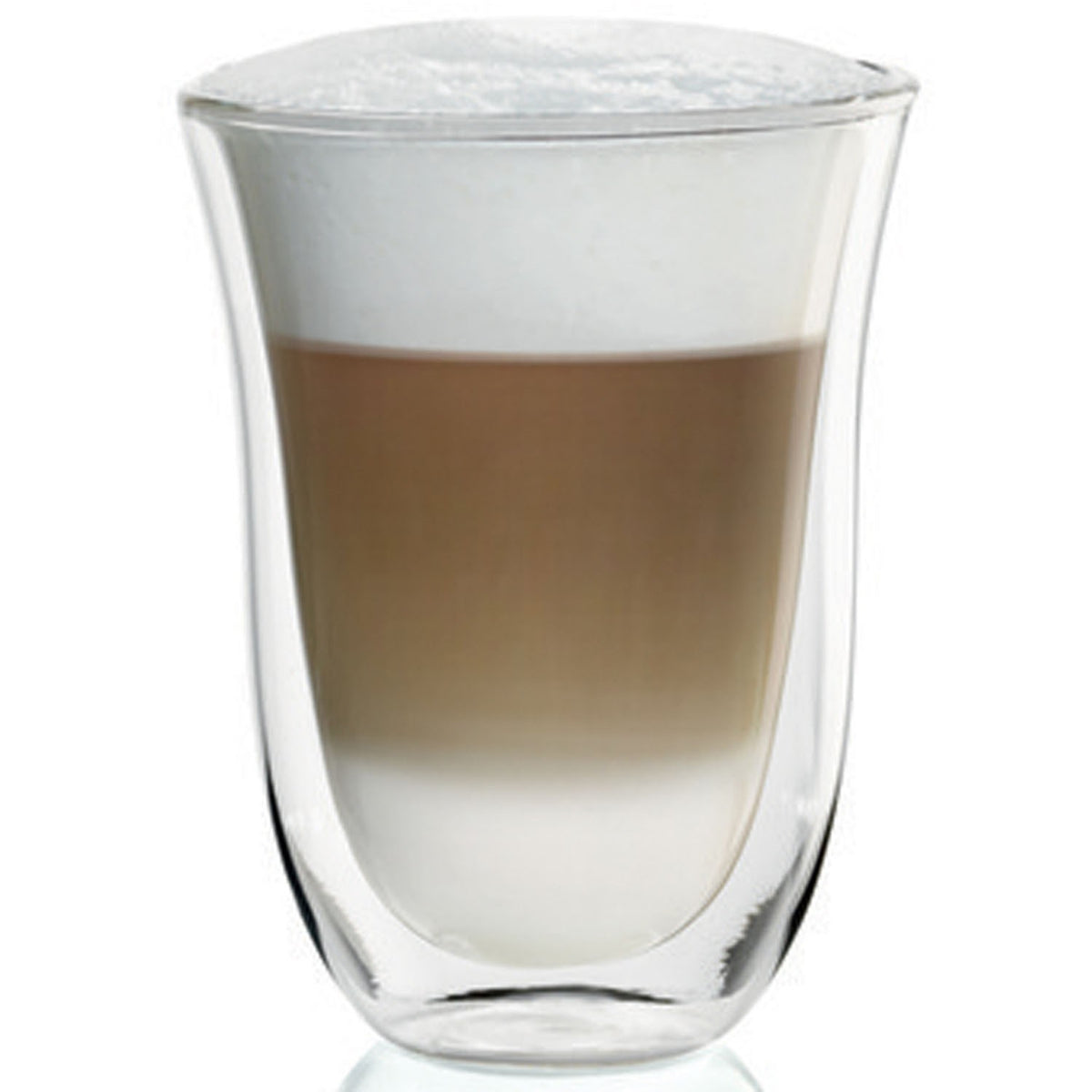 Double wall latte macchiato glass with layered coffee, crema on top, clear glass
