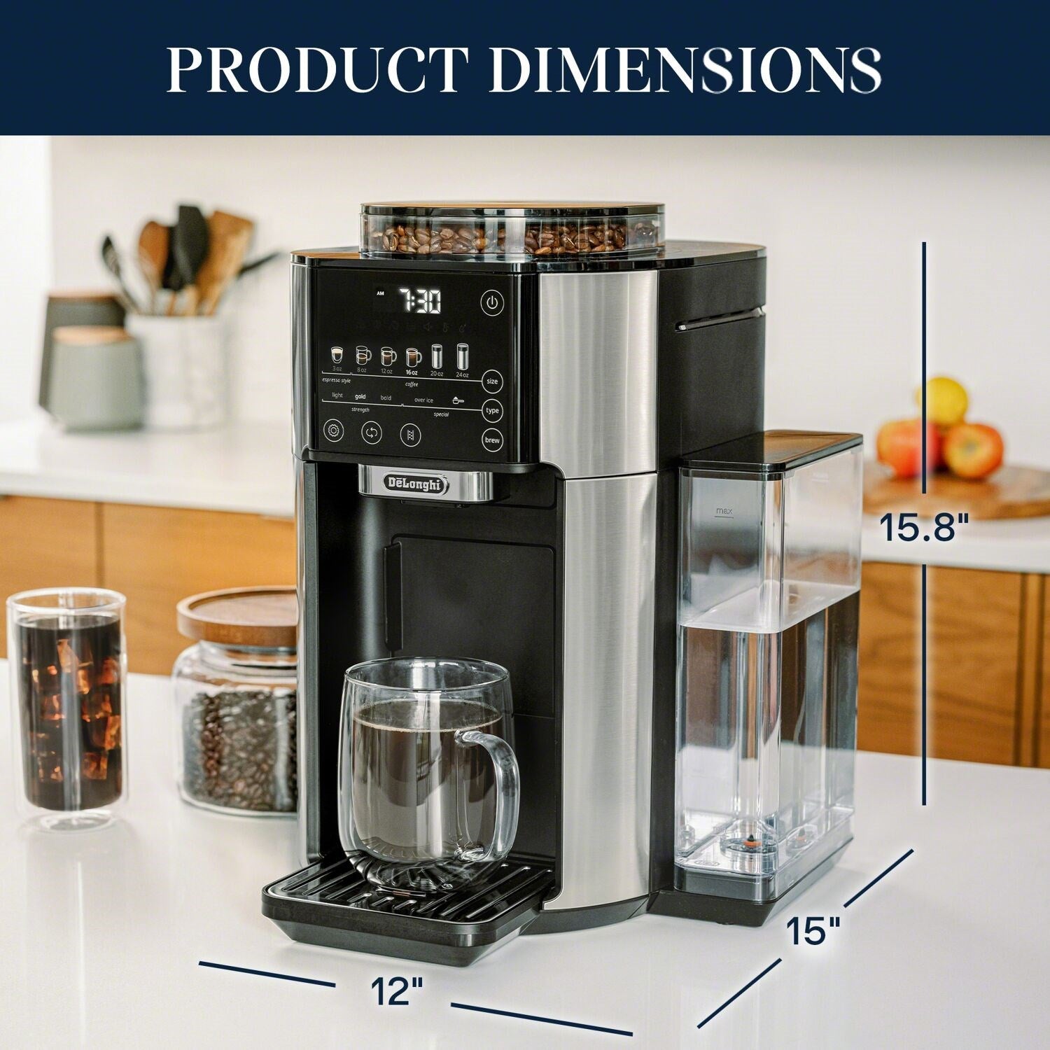 Stainless and black automatic coffee maker with side water tank and brewing area