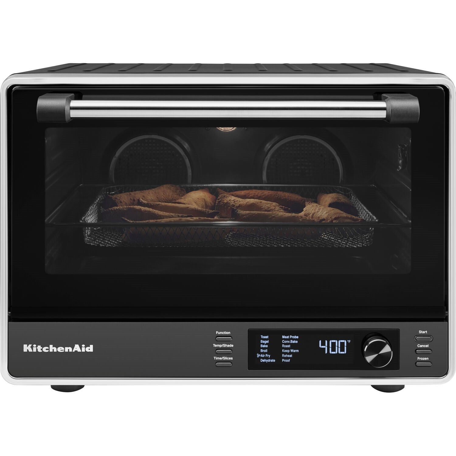 Black matte countertop convection oven with open glass door and digital temperature display