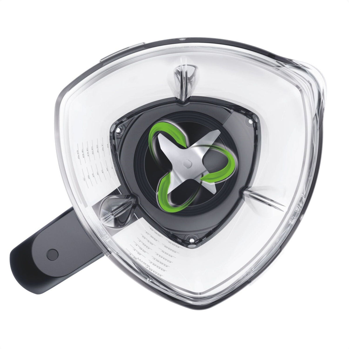 Clear blender jar lid and TriBlade-style blade with green accents inside.