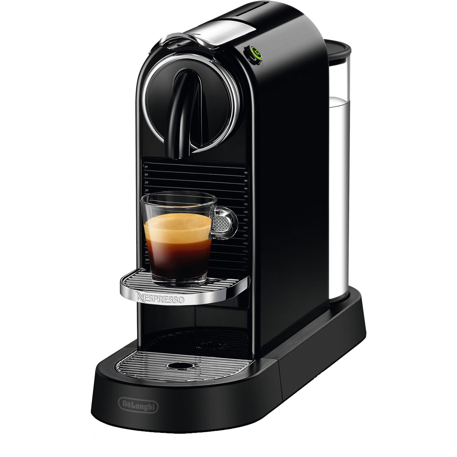 Black De'Longhi Nespresso Citiz espresso machine with espresso cup on platform