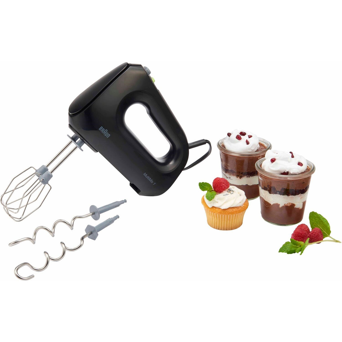 Black hand mixer with beaters and dough hooks, with dessert ingredients nearby