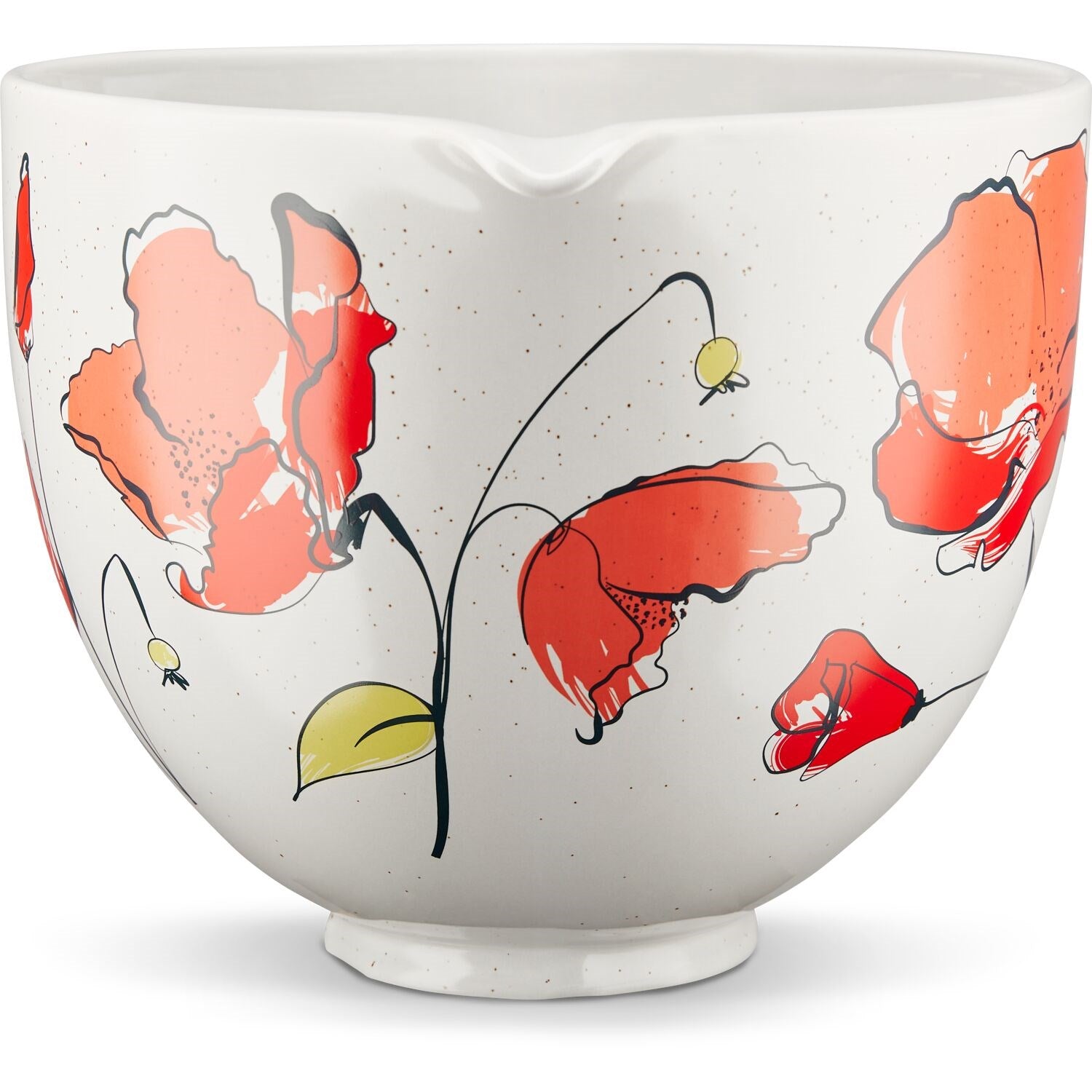 White ceramic mixing bowl with red and pink poppy flowers, wide rim and smooth sides