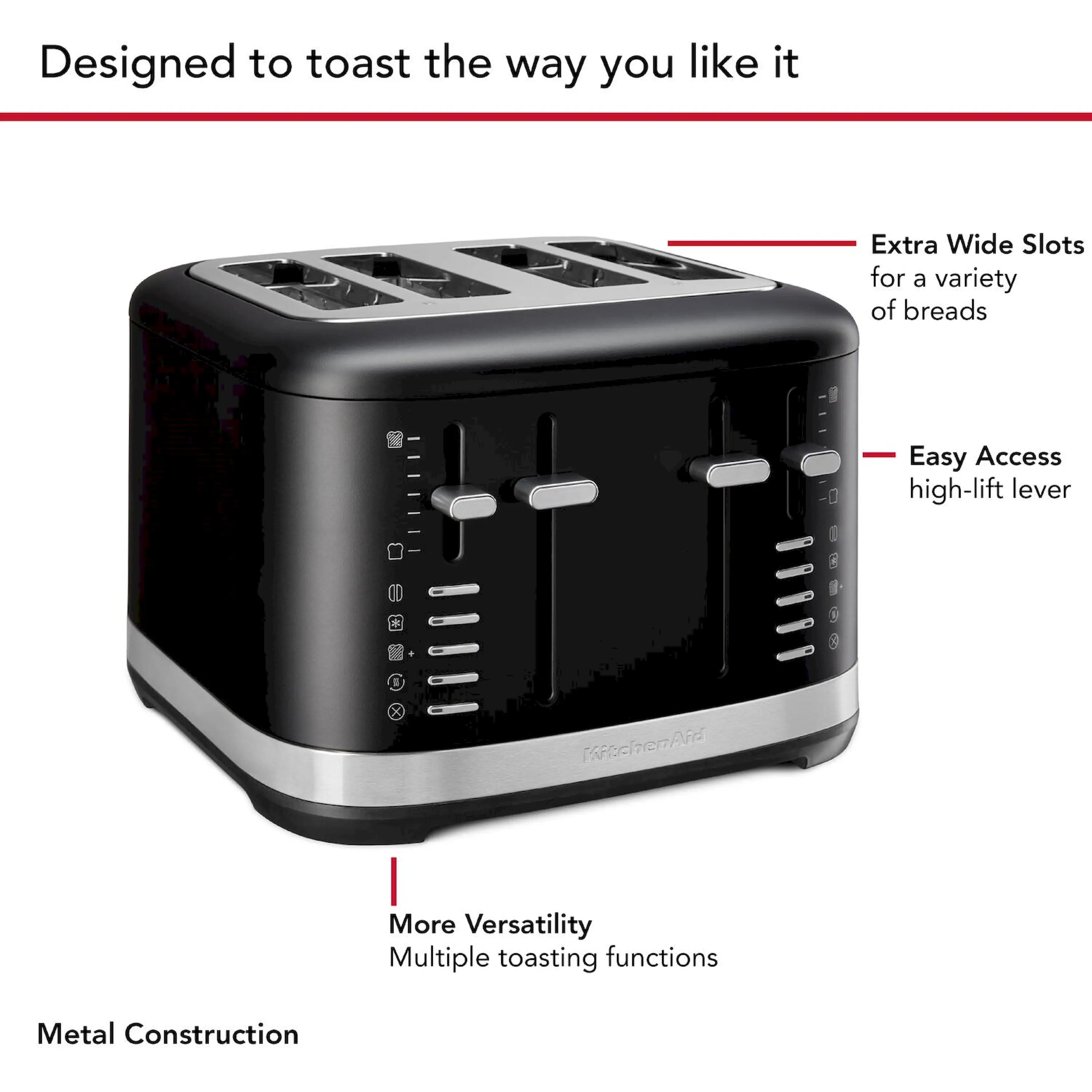 Black matte 4-slice toaster with extra-wide slots and two high-lift levers
