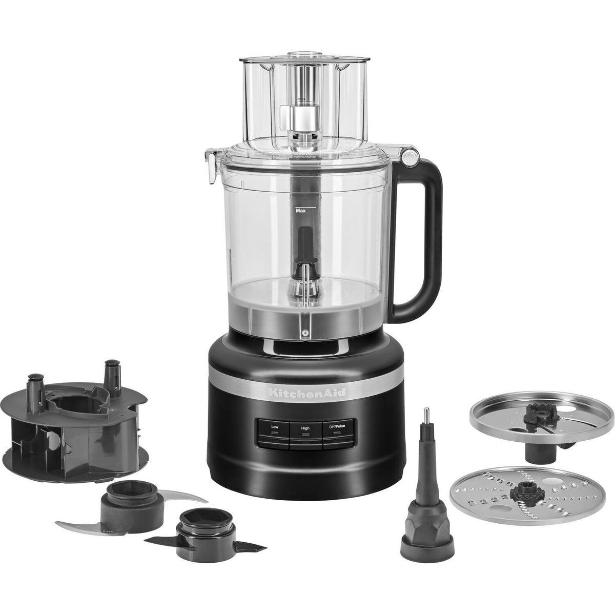 Food processor set with clear bowl, black base, and multiple included attachments
