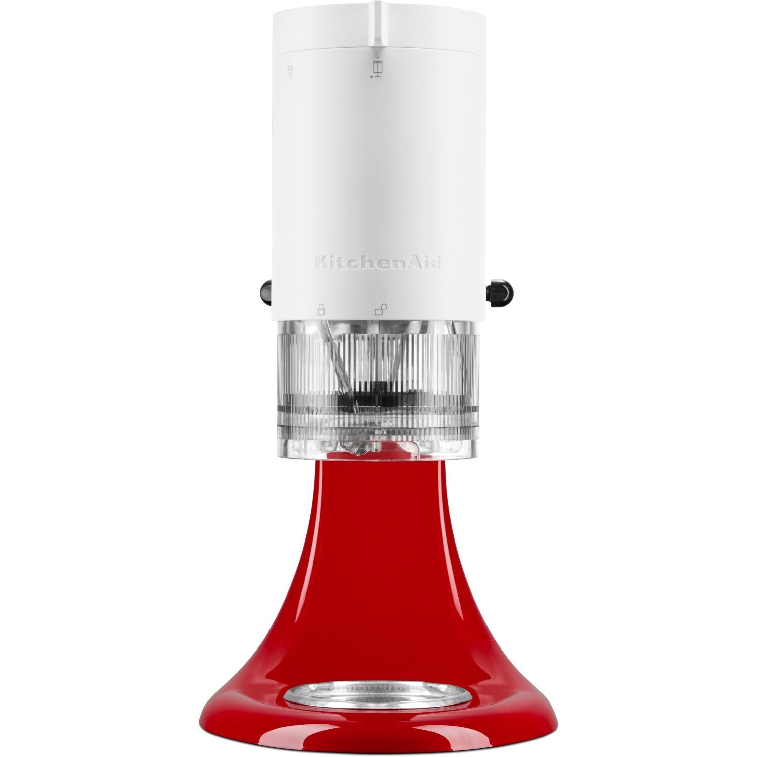 Shave ice attachment with clear shaving cylinder on red stand mixer base