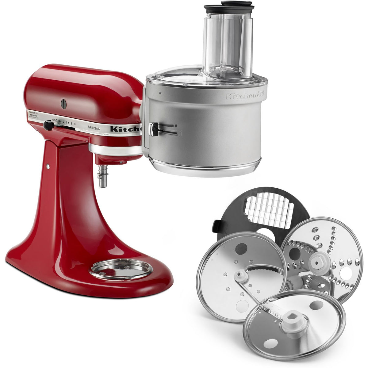 Dicing kit with stainless attachment, red stand mixer, and metal cutting discs