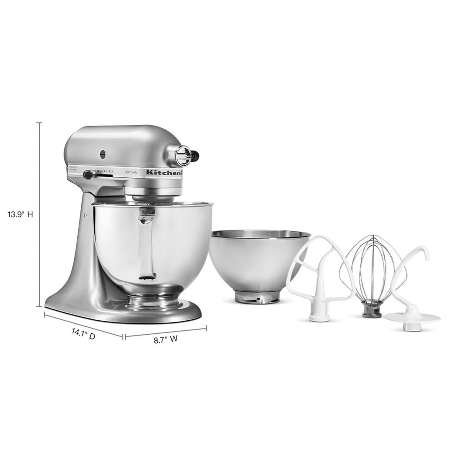 KitchenAid tilt-head stand mixer with stainless bowls and mixing attachments, Contour Silver