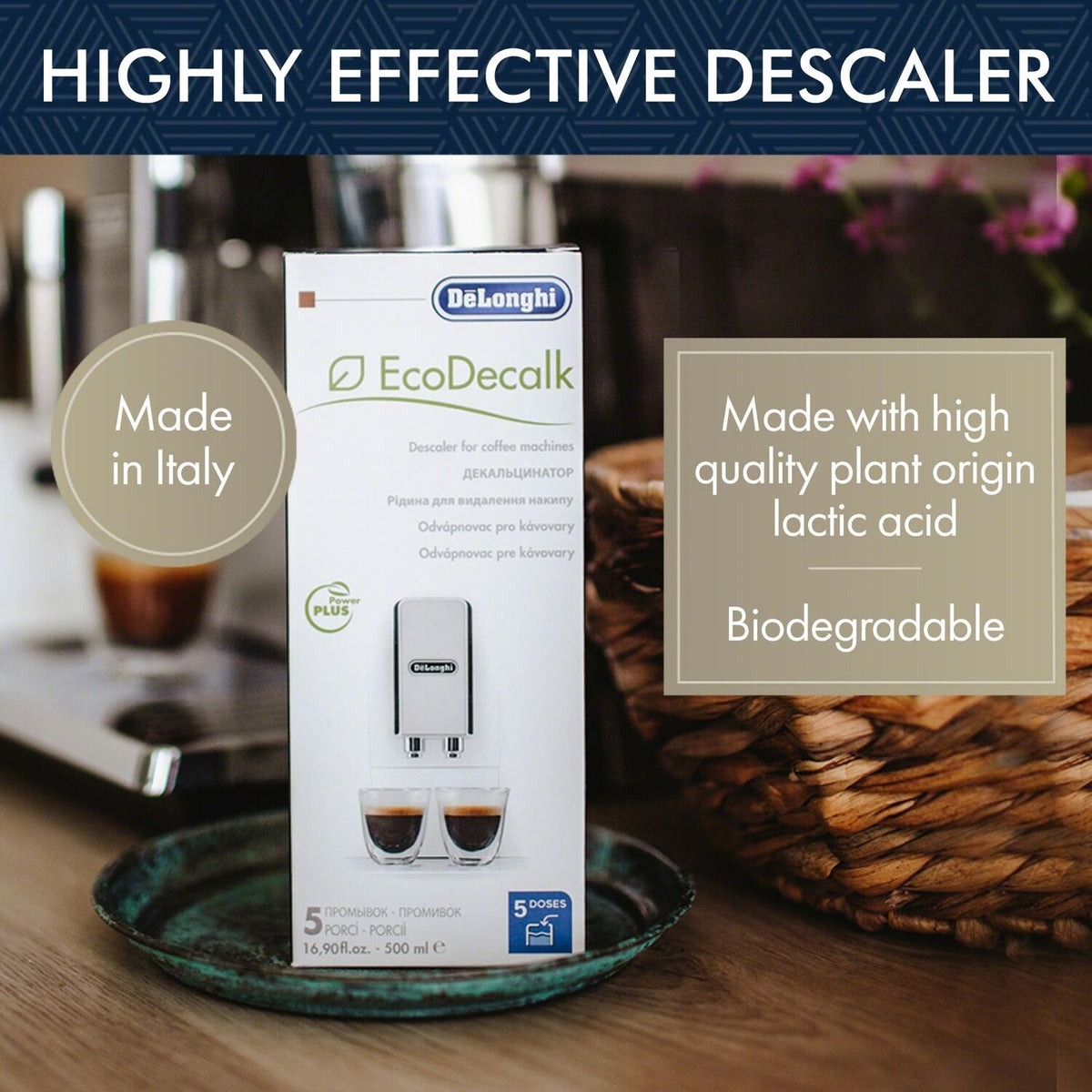 De'Longhi EcoDecalk descaler bottle and box on a countertop, green-capped 500 ml.