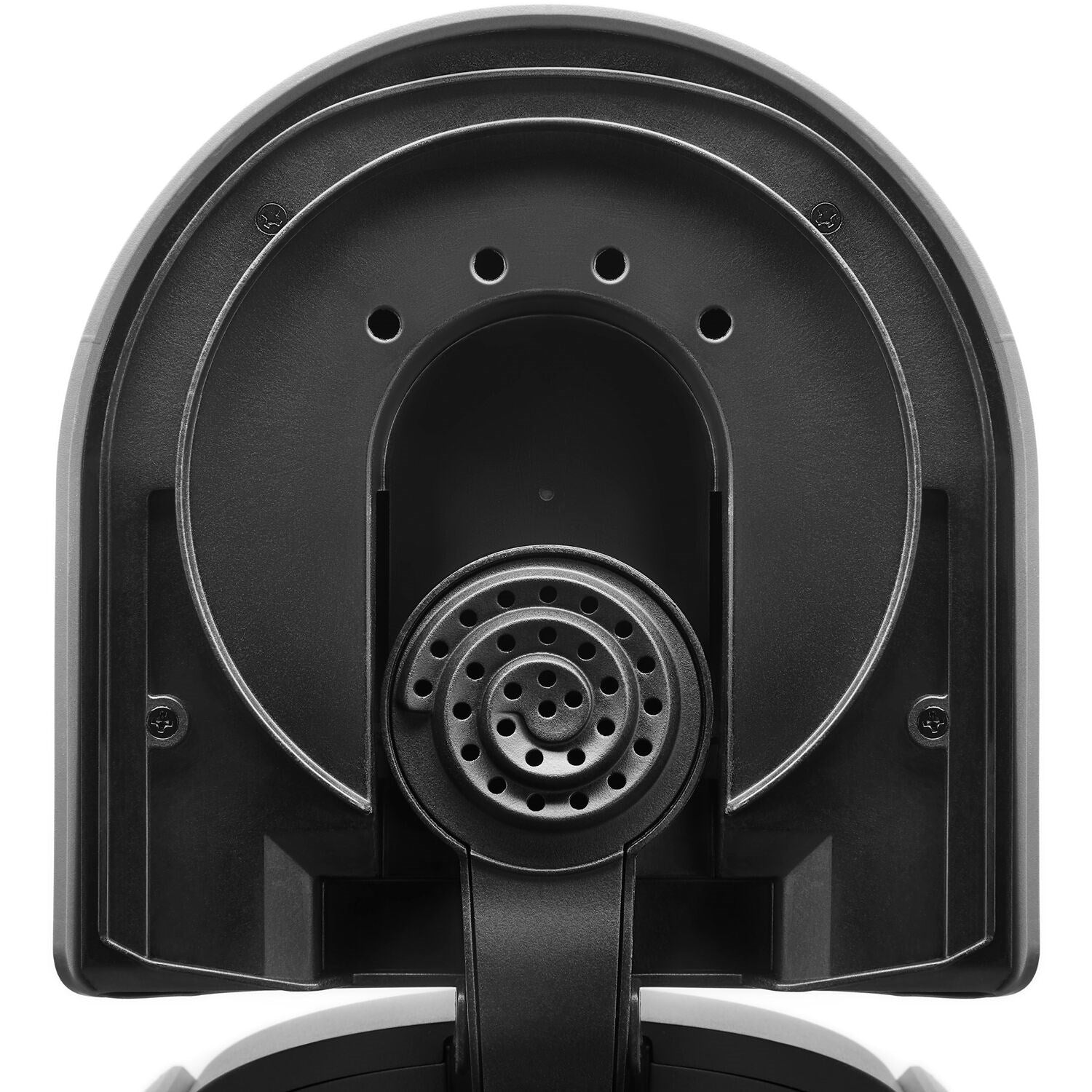 Underside view of spiral showerhead and brew outlet on drip coffee brewer