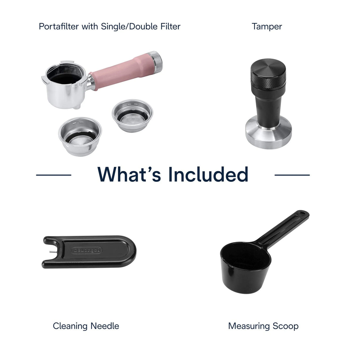 Included accessories layout: portafilter, filters, tamper, cleaning tool, measuring scoop