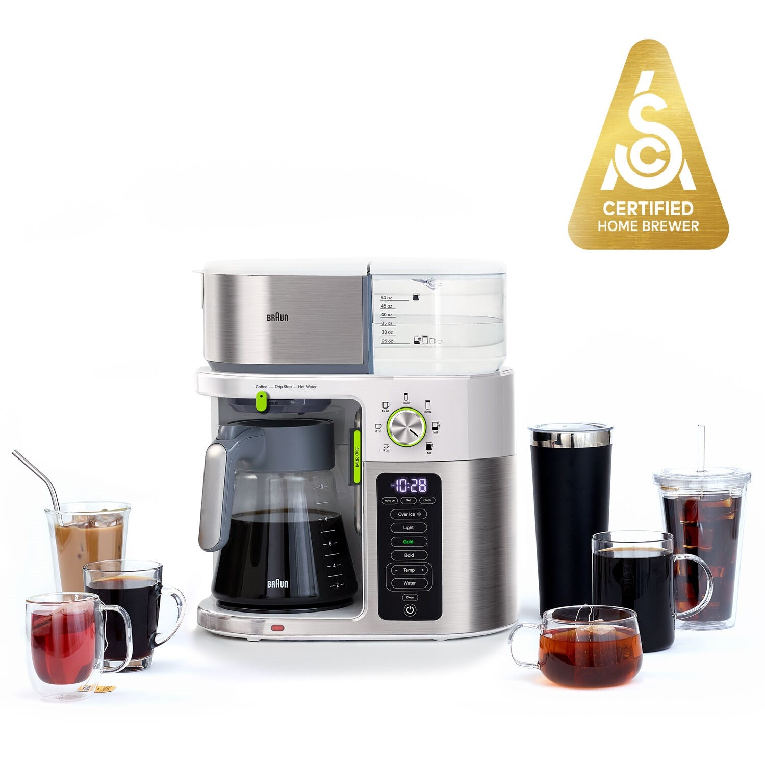 Stainless steel and white coffee brewing system with glass carafe and multiple drink cups