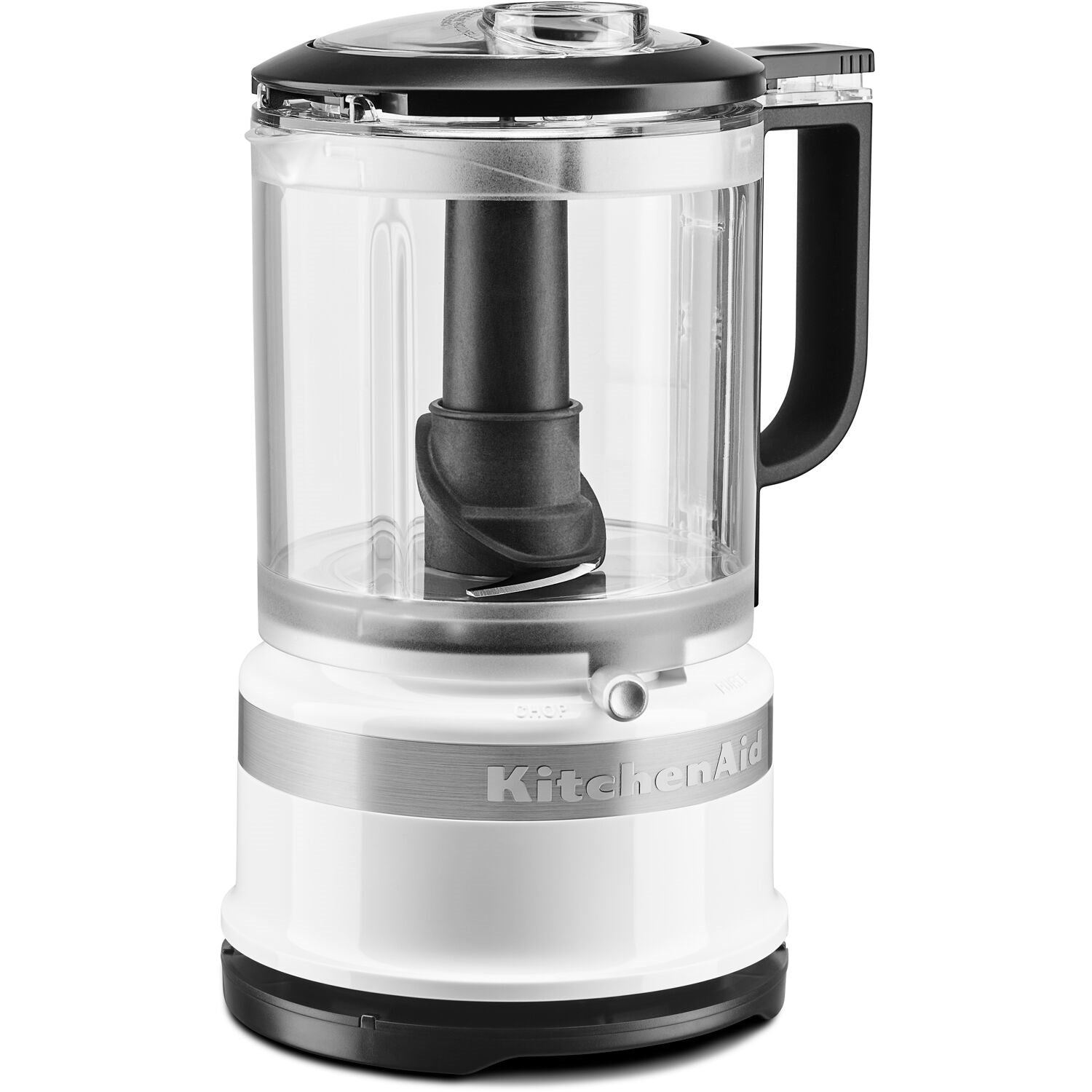 White countertop food chopper with clear bowl, black handle, and blade assembly