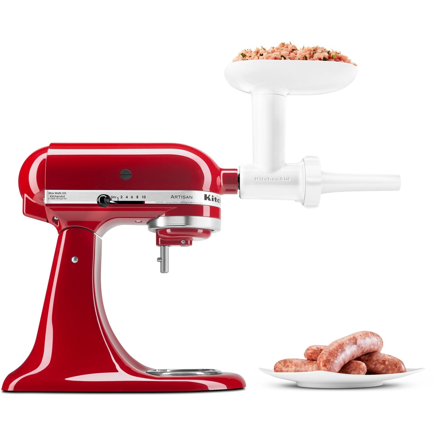 KitchenAid sausage stuffer kit: red mixer with white filling nozzle and funnel