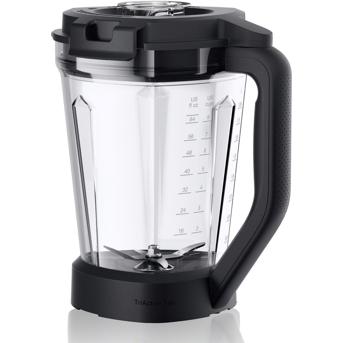 Black blender jar with measurement scale and visible internal blade, side view.
