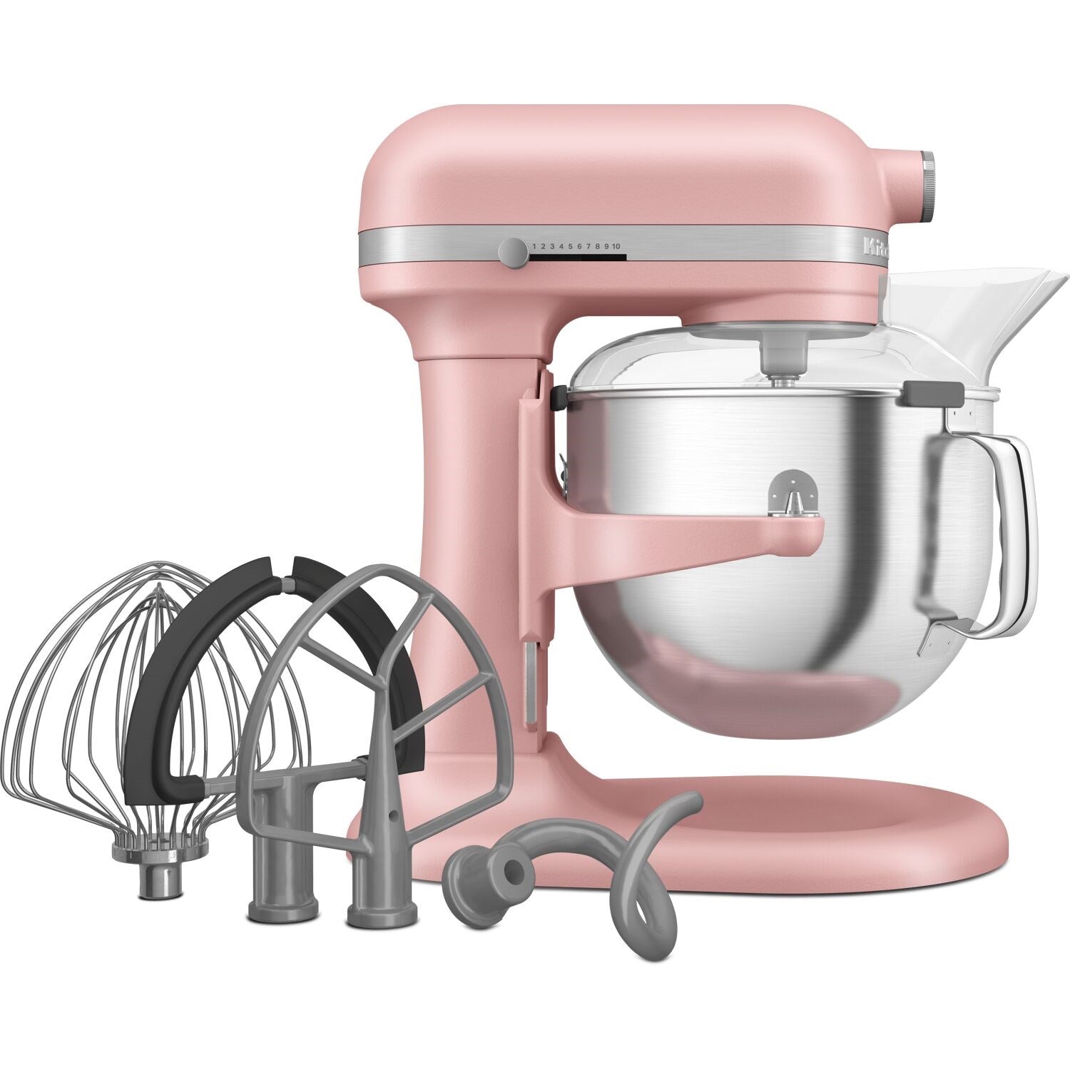 KitchenAid stand mixer in dried rose with stainless steel bowl and included wire whisk, hooks