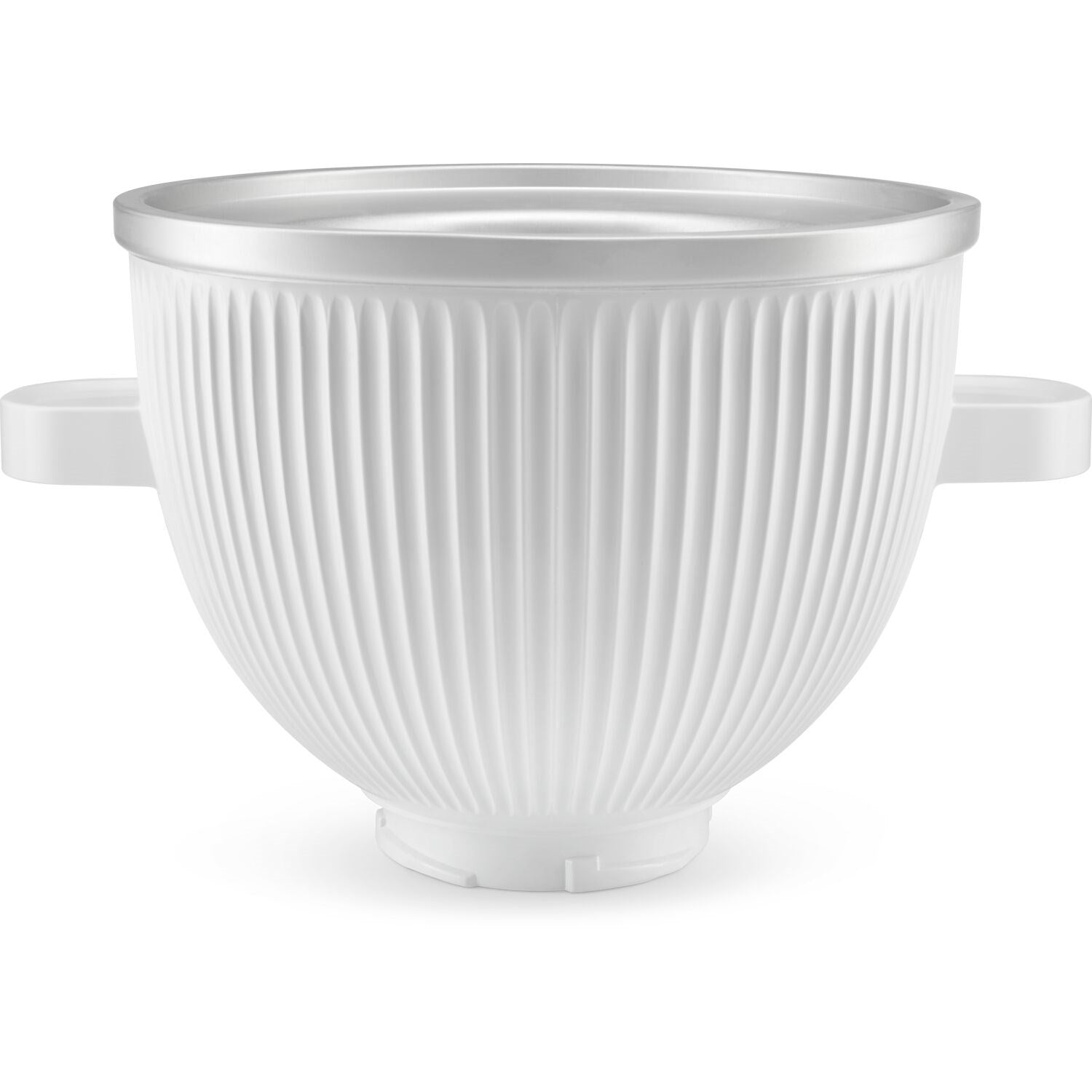 White ridged ice cream maker attachment bowl with side handles and lid