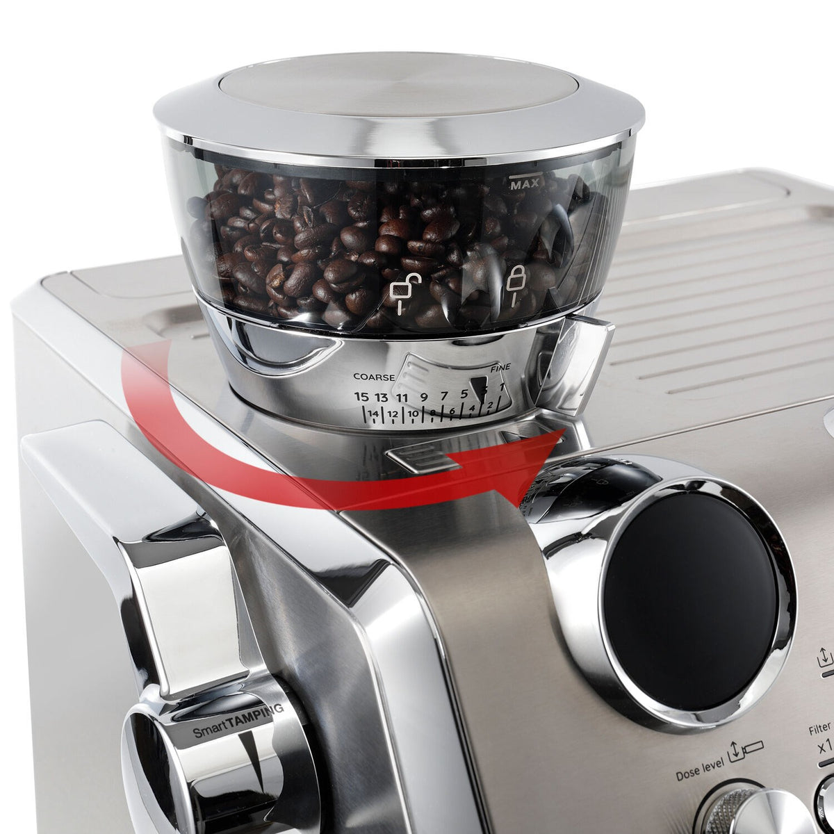 Stainless steel espresso machine with bean hopper and side cup holder spout