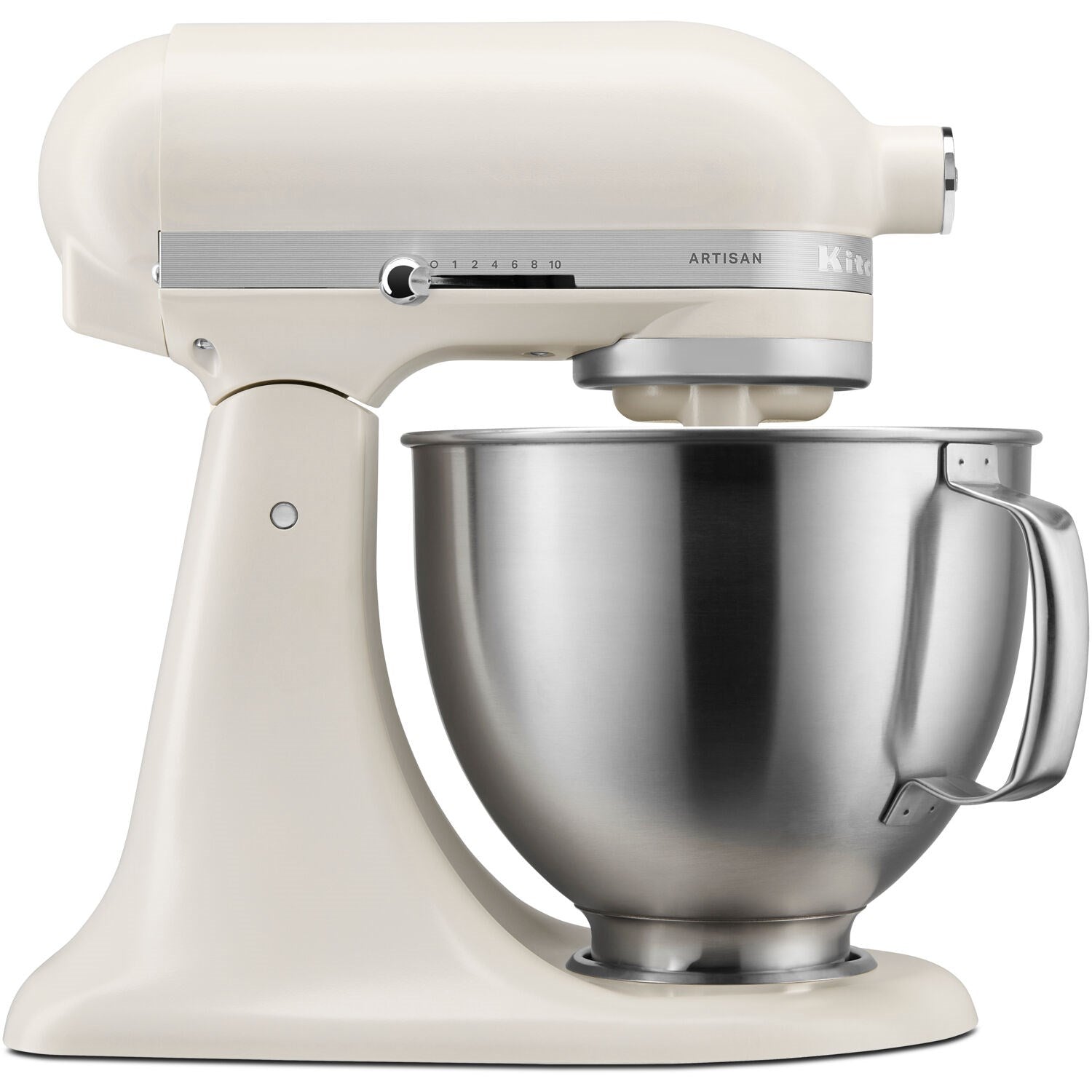 Porcelain tilt-head stand mixer close-up with stainless bowl and control dial