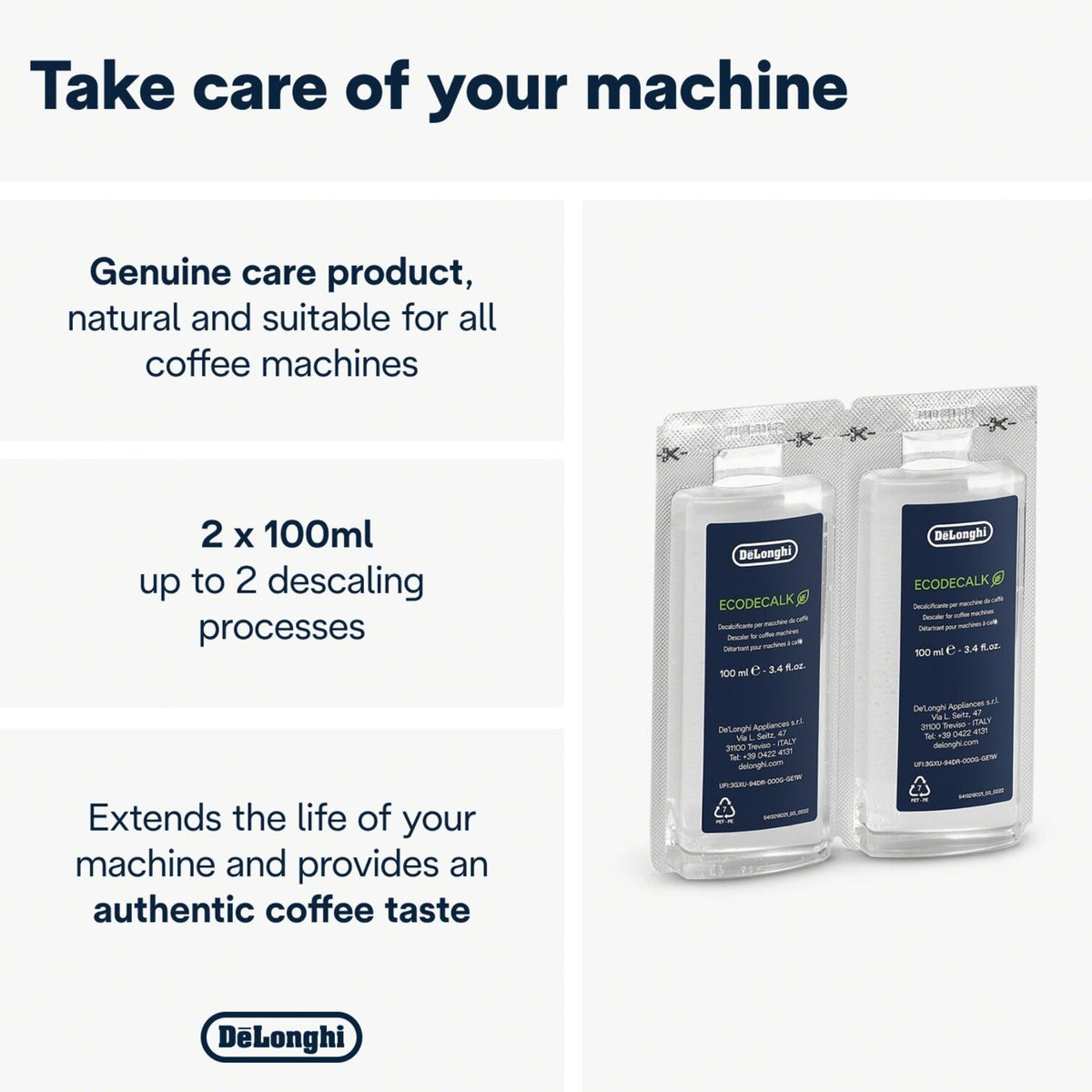 Decalcificante DeLonghi EcoDecalk Mini - Confezione Da 2x100 Ml - Per Macchine Da Caffè - Prodotto Originale