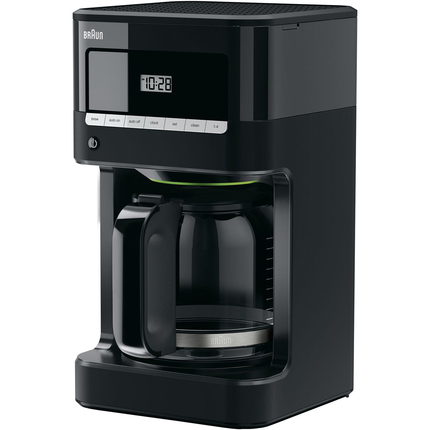 Black Braun 12-cup drip coffee maker angled view with brew chamber and display