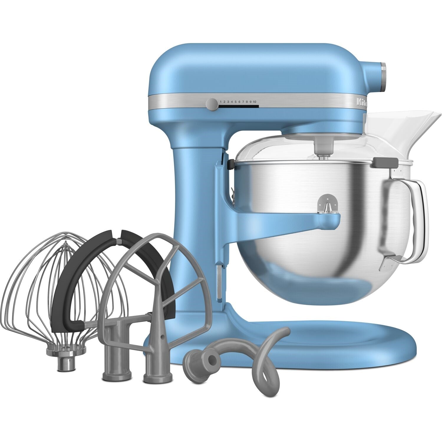 KitchenAid stand mixer in velvet blue with whisk and beater attachments, stainless bowl