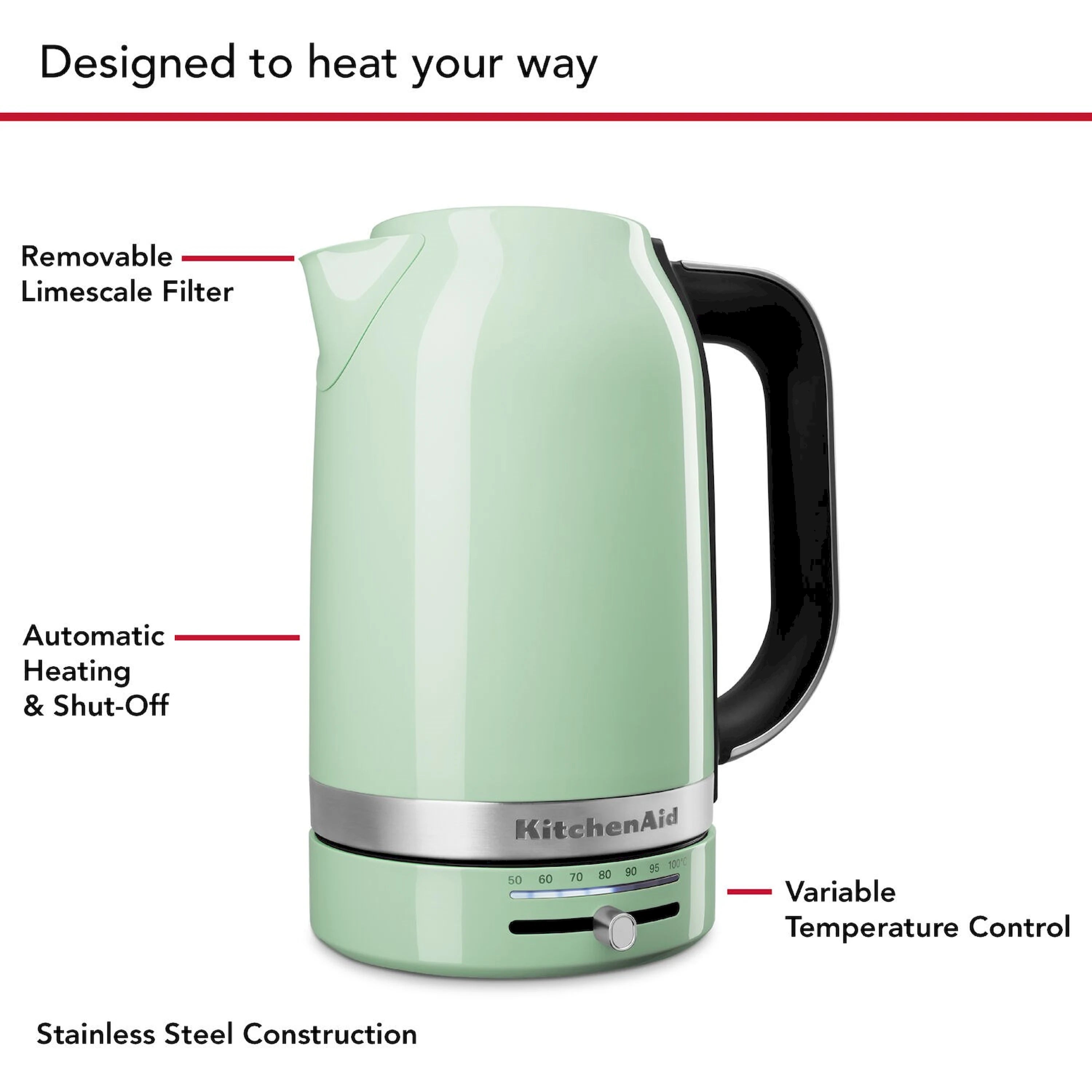 Pistachio green electric kettle with variable temperature dial and black handle