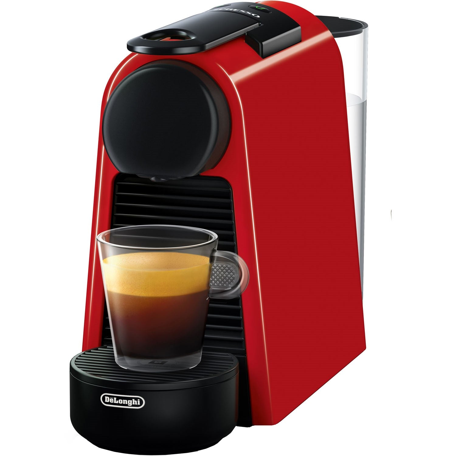 Red De'Longhi Nespresso Essenza Mini espresso machine brewing into a glass cup