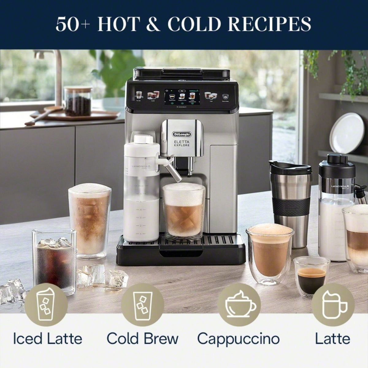 Fully automatic espresso machine with cold brew carafes and frothing spout, on countertop