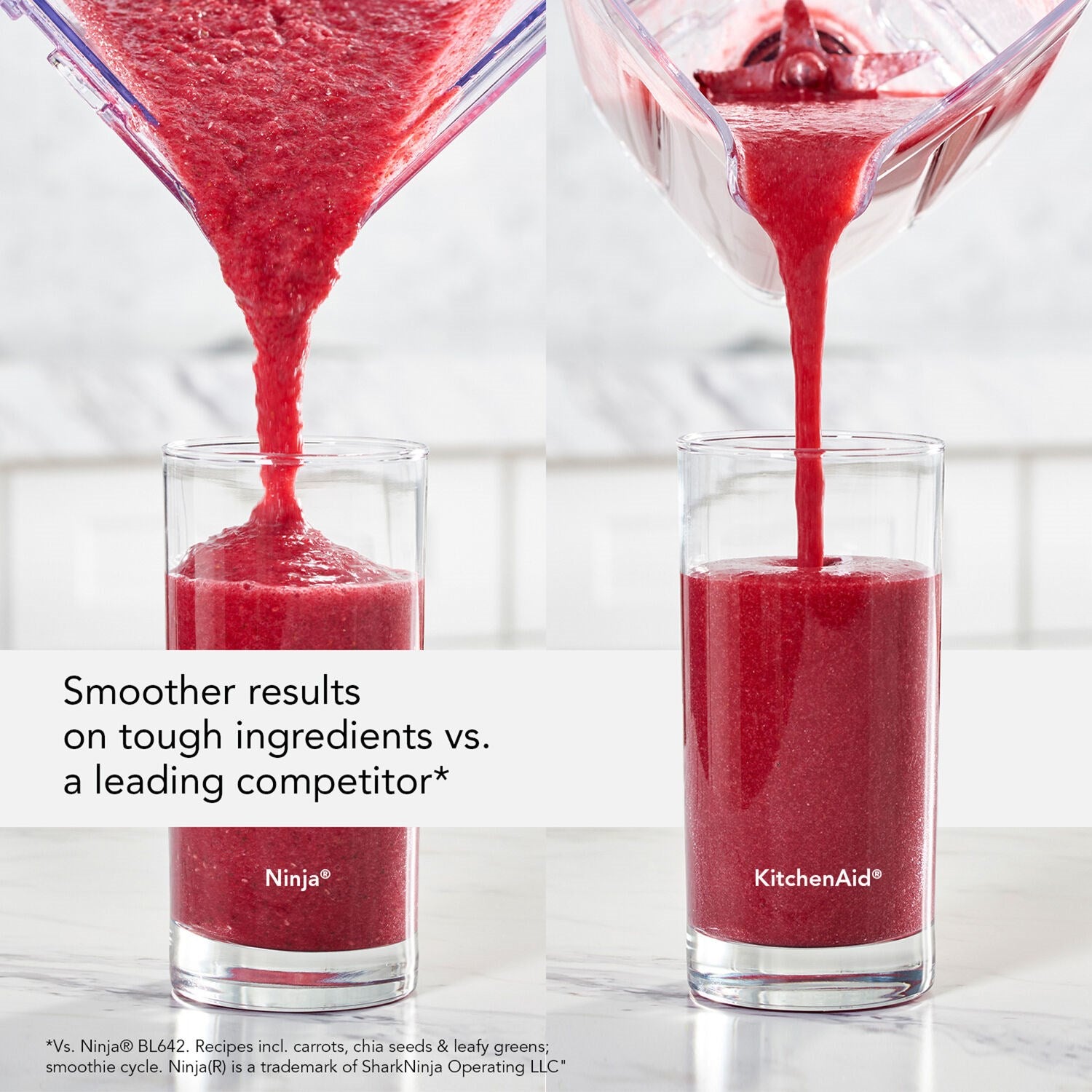 Blender smoothie pouring into two clear glasses, smooth red texture