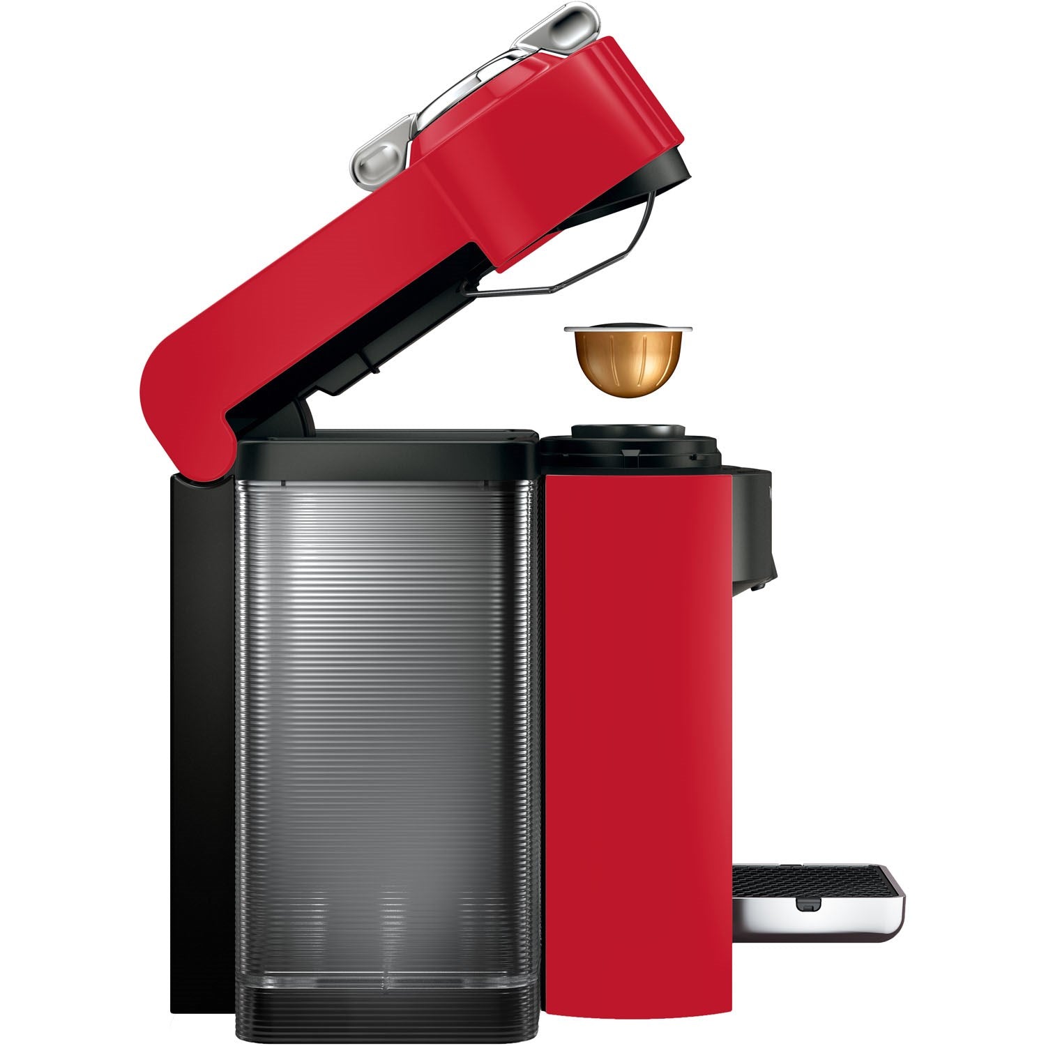 Red Nespresso Vertuo machine with side water tank and stainless drip tray