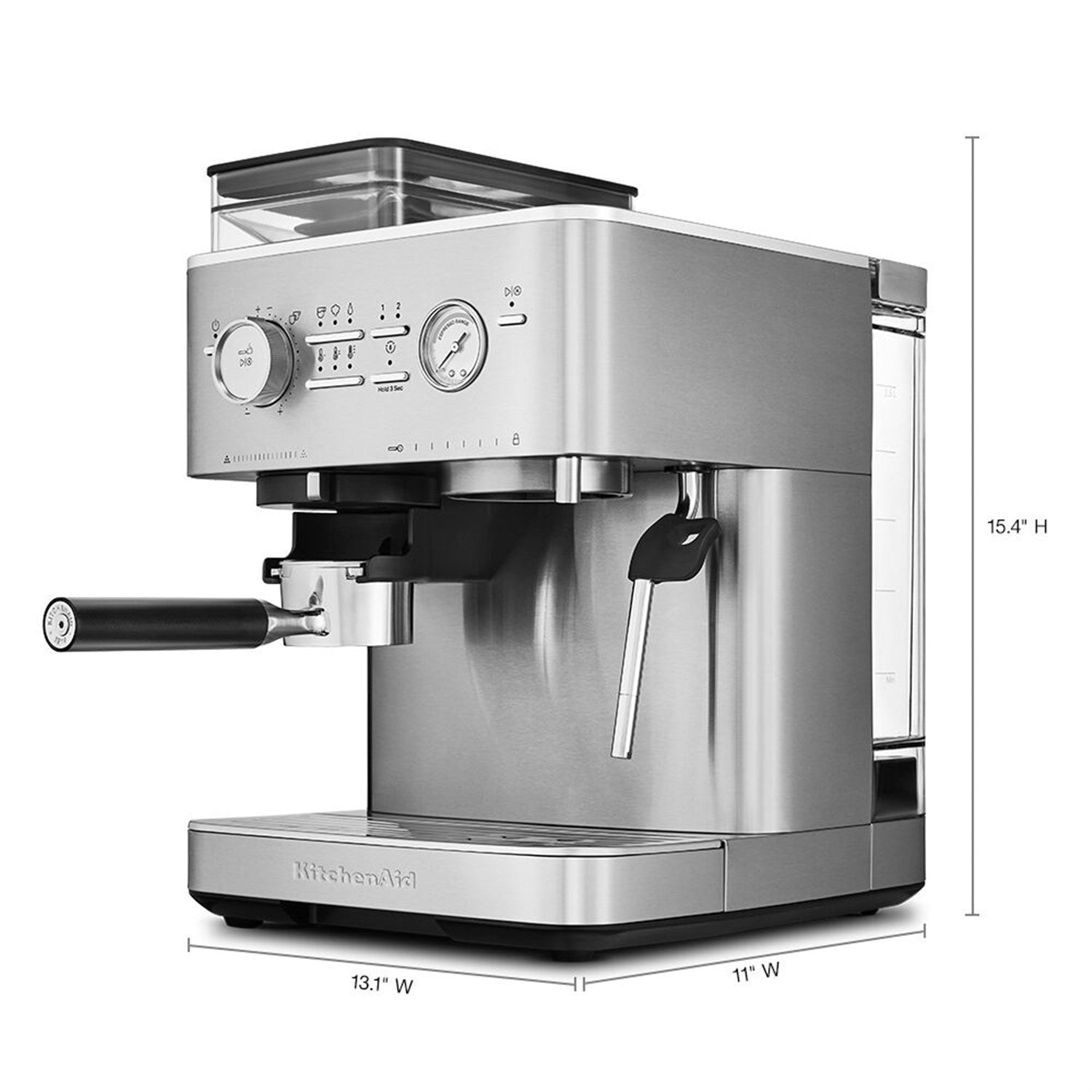 Stainless steel espresso machine with side water tank and portafilter